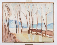 Antique American Minimalist Tree Lined Winter Landscape Oil Painting