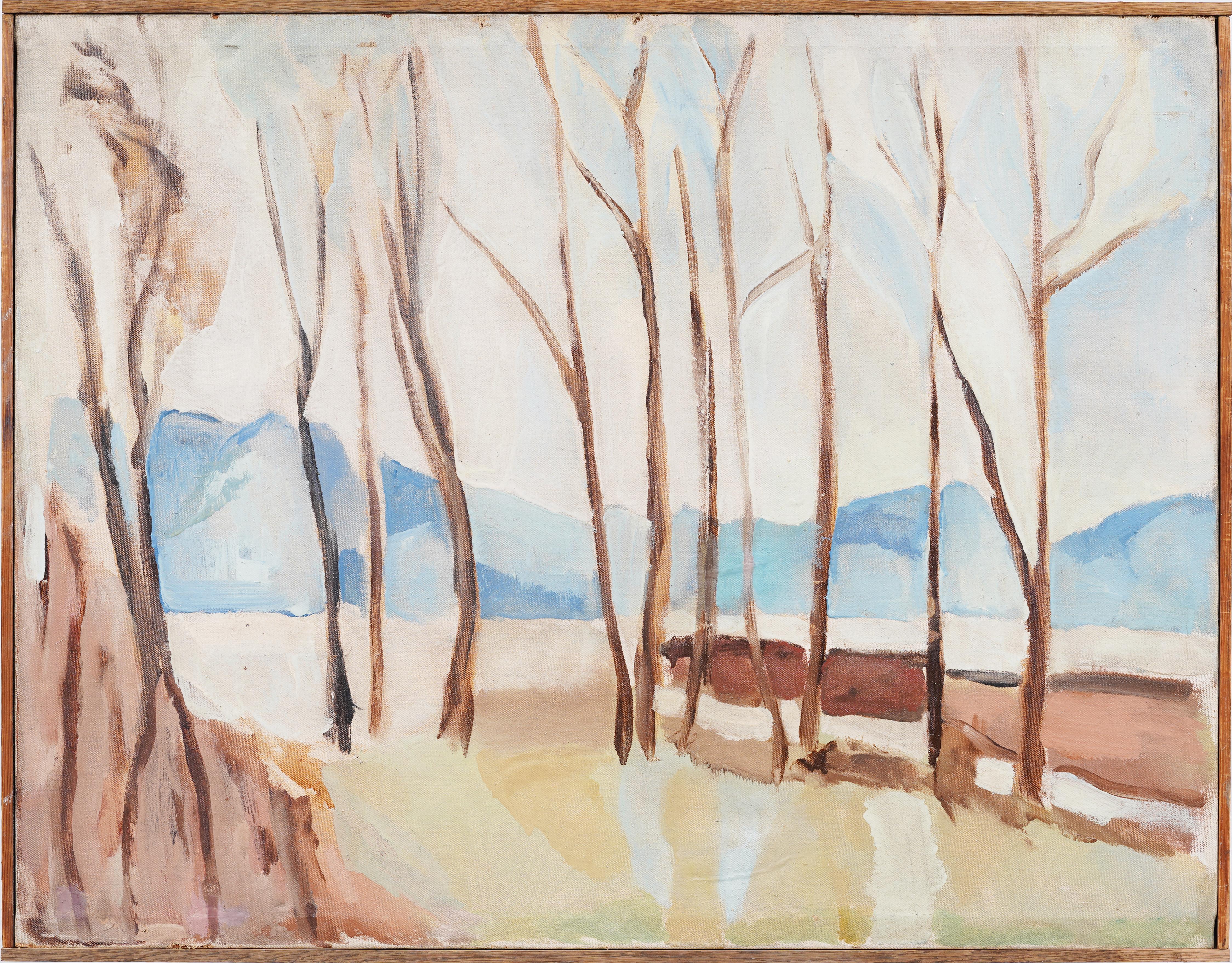 Antique American Minimalist Tree Lined Winter Landscape Oil Painting