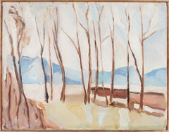 Antique American Minimalist Tree Lined Winter Landscape Oil Painting