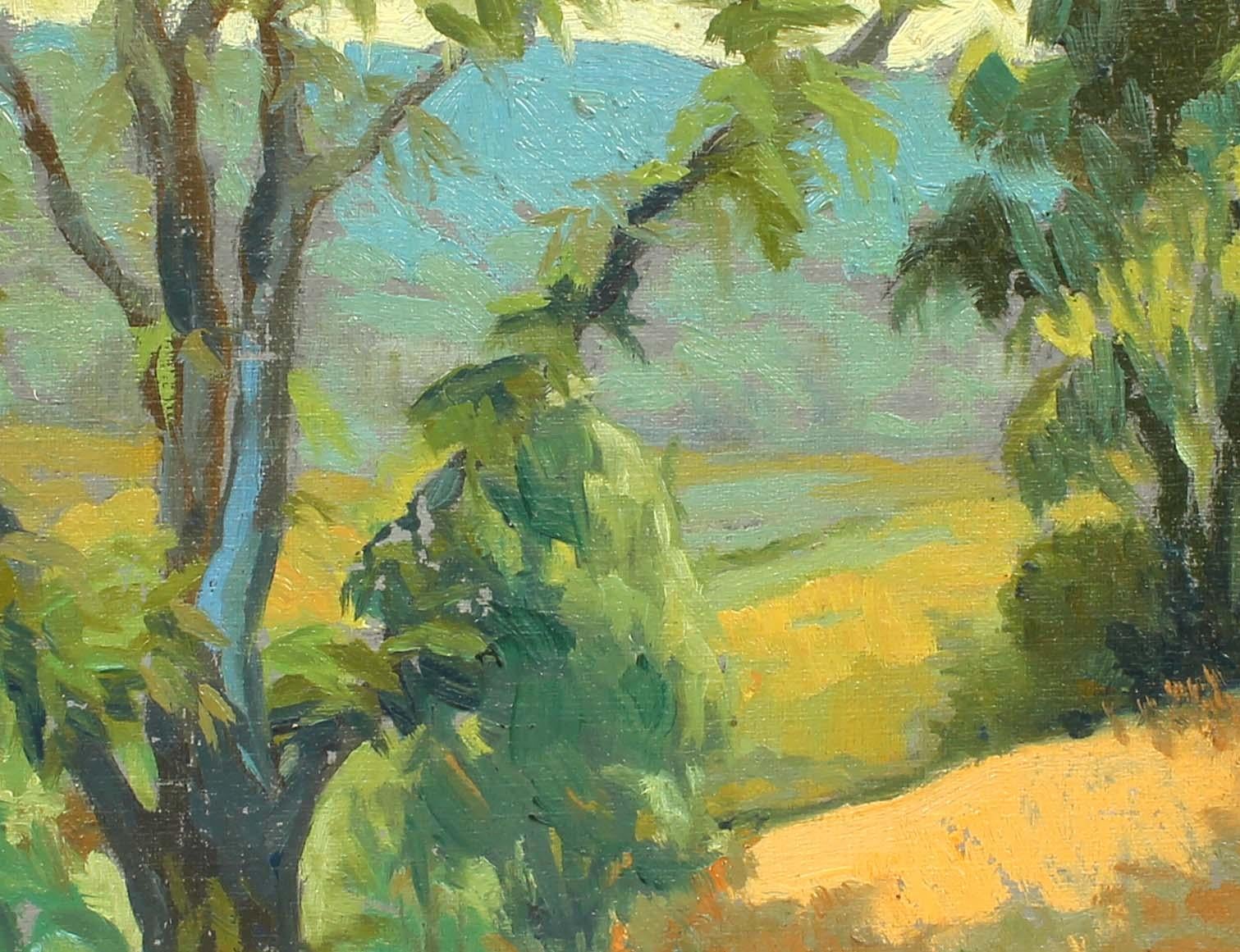 Antique American modern California impressionist landscape framed Yellow Blue - American Impressionist Painting by Unknown