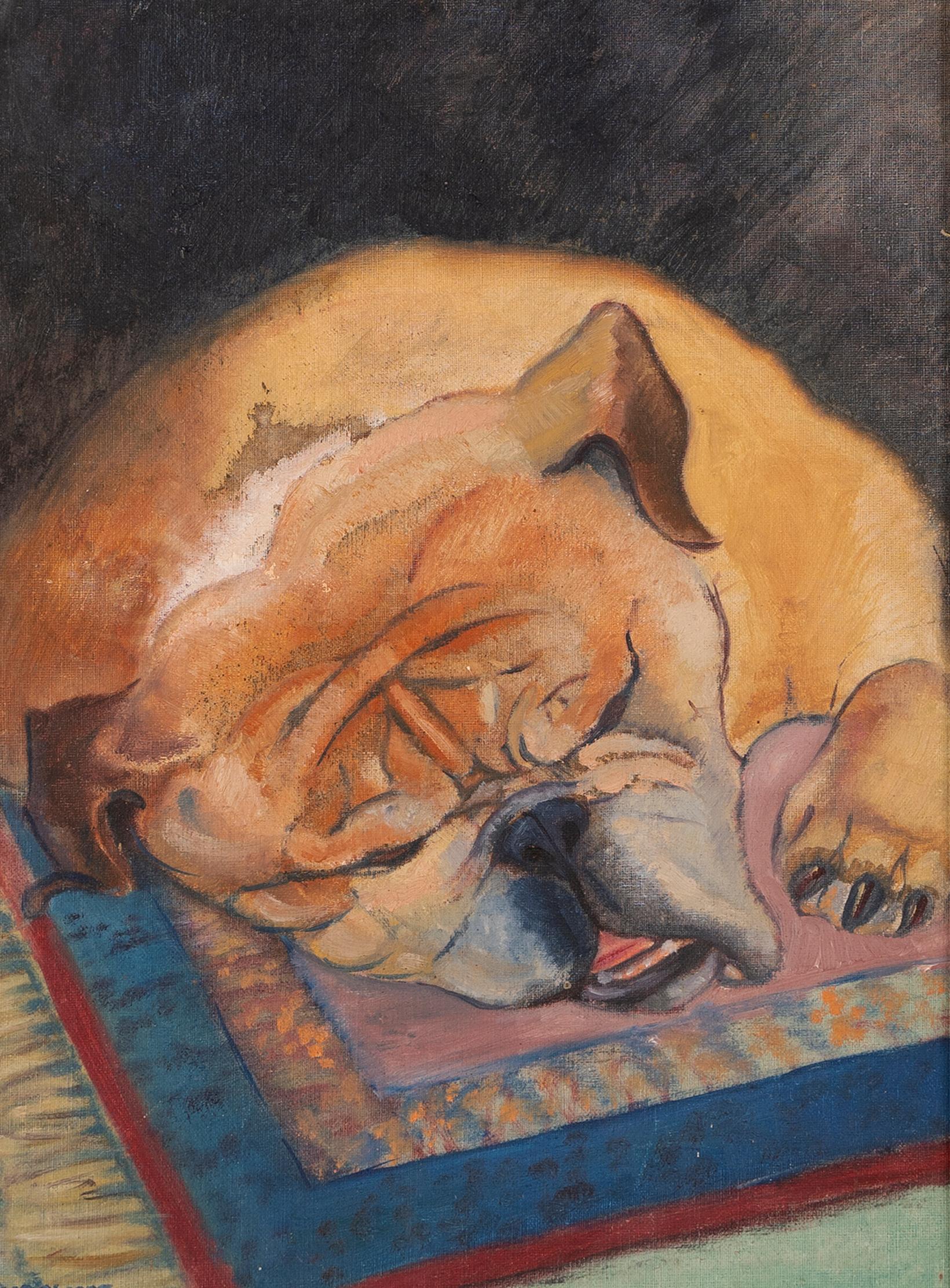 dog sleeping on bed painting