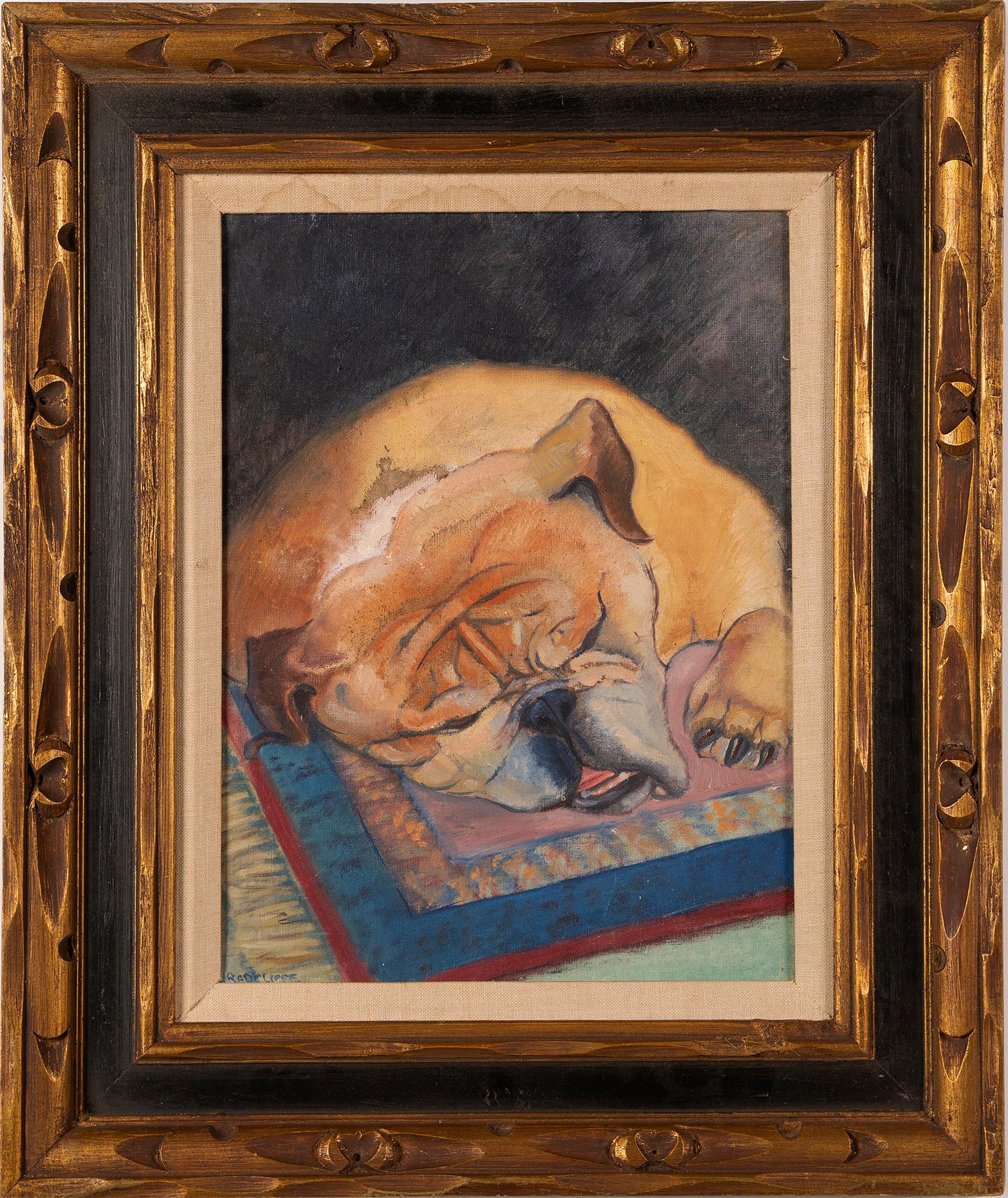 Unknown Animal Painting - Antique American Modern Original Dog Portrait Oil Painting of Sleeping Bulldog 