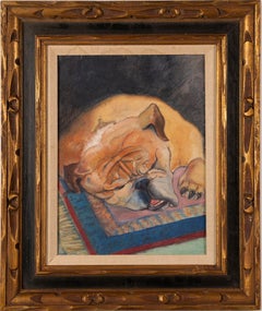 Vintage American Modern Original Dog Portrait Oil Painting of Sleeping Bulldog