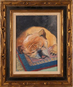 Antique American Modern Original Dog Portrait Oil Painting of Sleeping Bulldog 