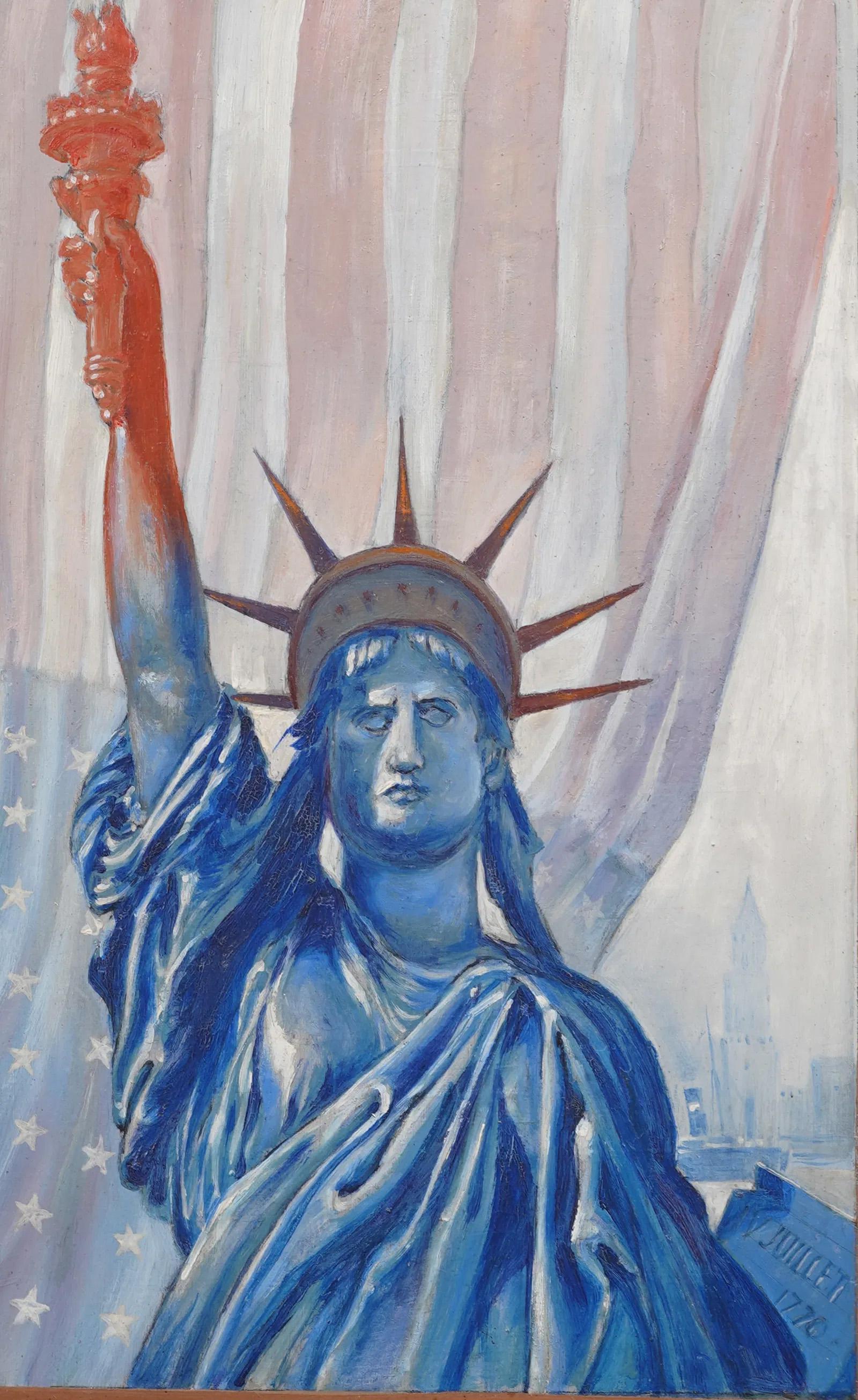 Antiguo Retrato Patriótico Moderno Americano de la Estatua de la Libertad de Nueva York - Figurative Painting Marrón de Unknown
