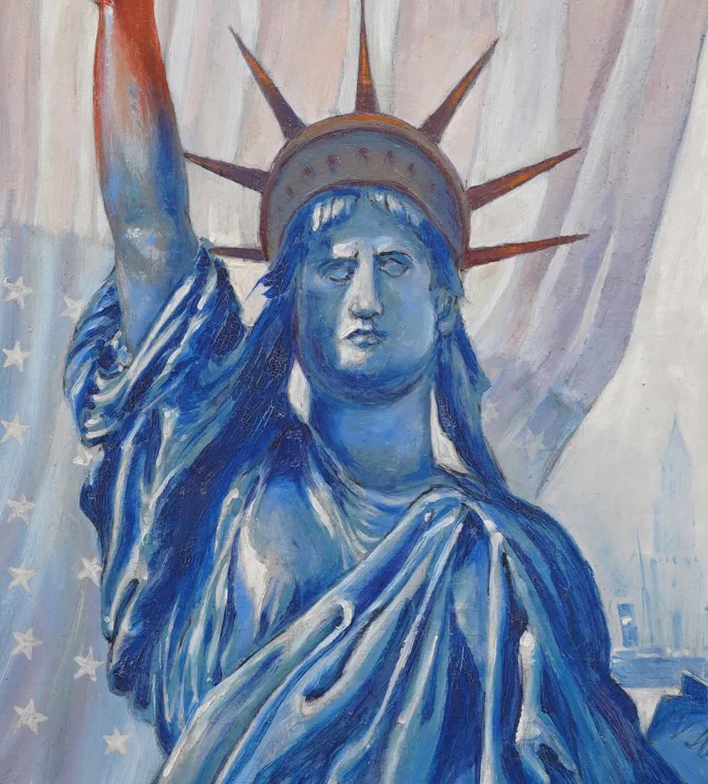 Antiguo paisaje urbano modernista americano con la estatua de la libertad al óleo. Óleo sobre tabla. Enmarcado. Mide 20 por 27 pulgadas en total y 14 por 21 pintando solo. 