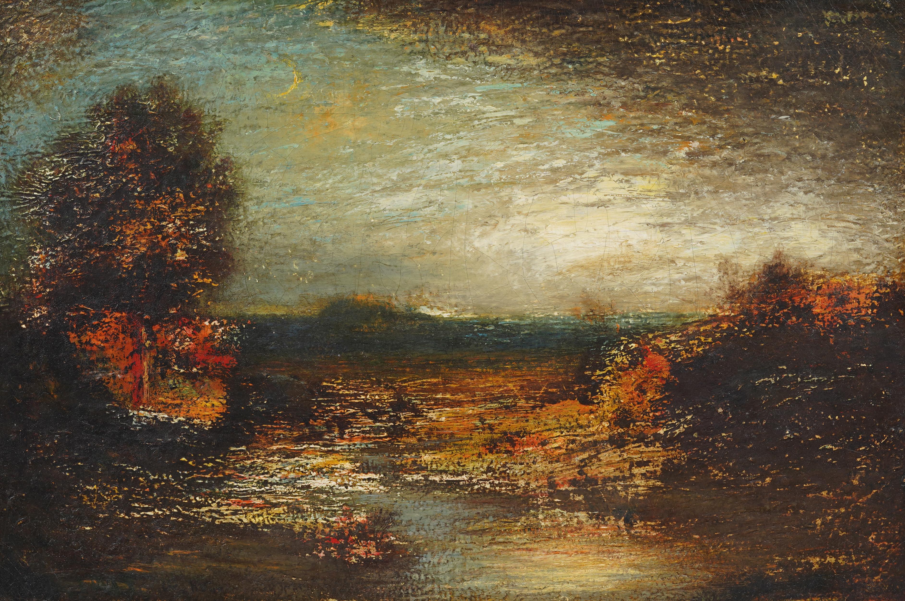 Ancienne peinture à l'huile moderniste américaine du 19e siècle encadrée, paysage de coucher de soleil - Painting de Unknown