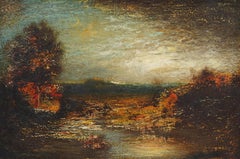 Antike gerahmte Sonnenuntergang-Landschaft, Ölgemälde, amerikanische Moderne des 19. Jahrhunderts