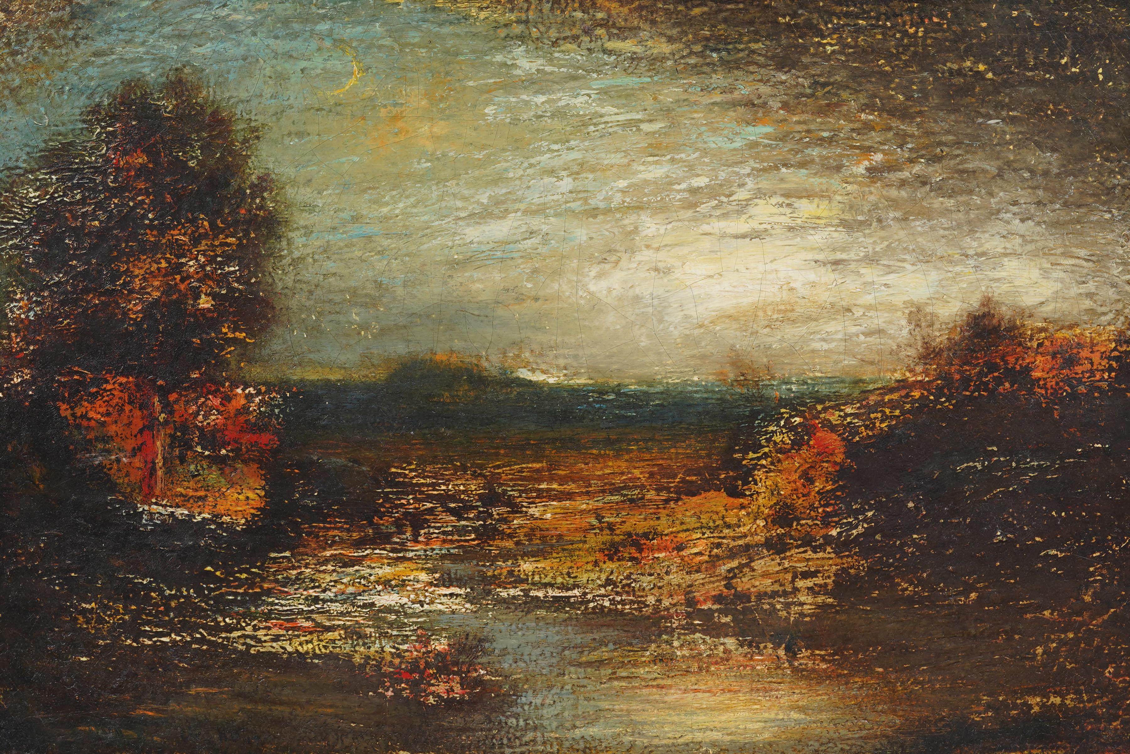 Ancienne peinture à l'huile moderniste américaine du 19e siècle encadrée, paysage de coucher de soleil - Moderne Painting par Unknown