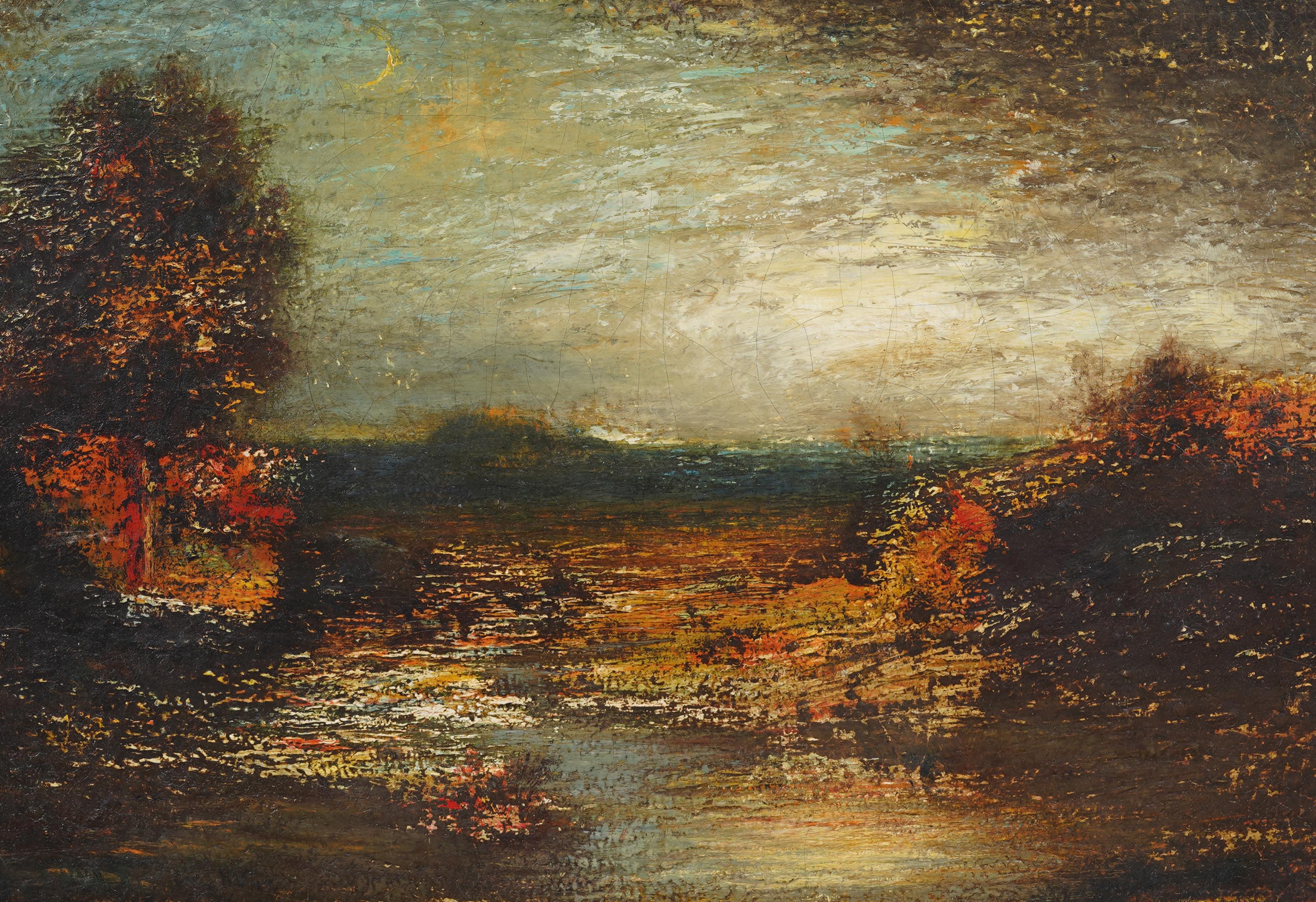 Ancienne peinture à l'huile moderniste américaine du 19e siècle encadrée, paysage de coucher de soleil - Marron Landscape Painting par Unknown