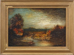 Antique American Modernist 19th Century Framed Sunset Landscape Oil Painting
