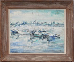 Antique American Modernist Abstract Bustling Harbor View Seascape Oil Painting