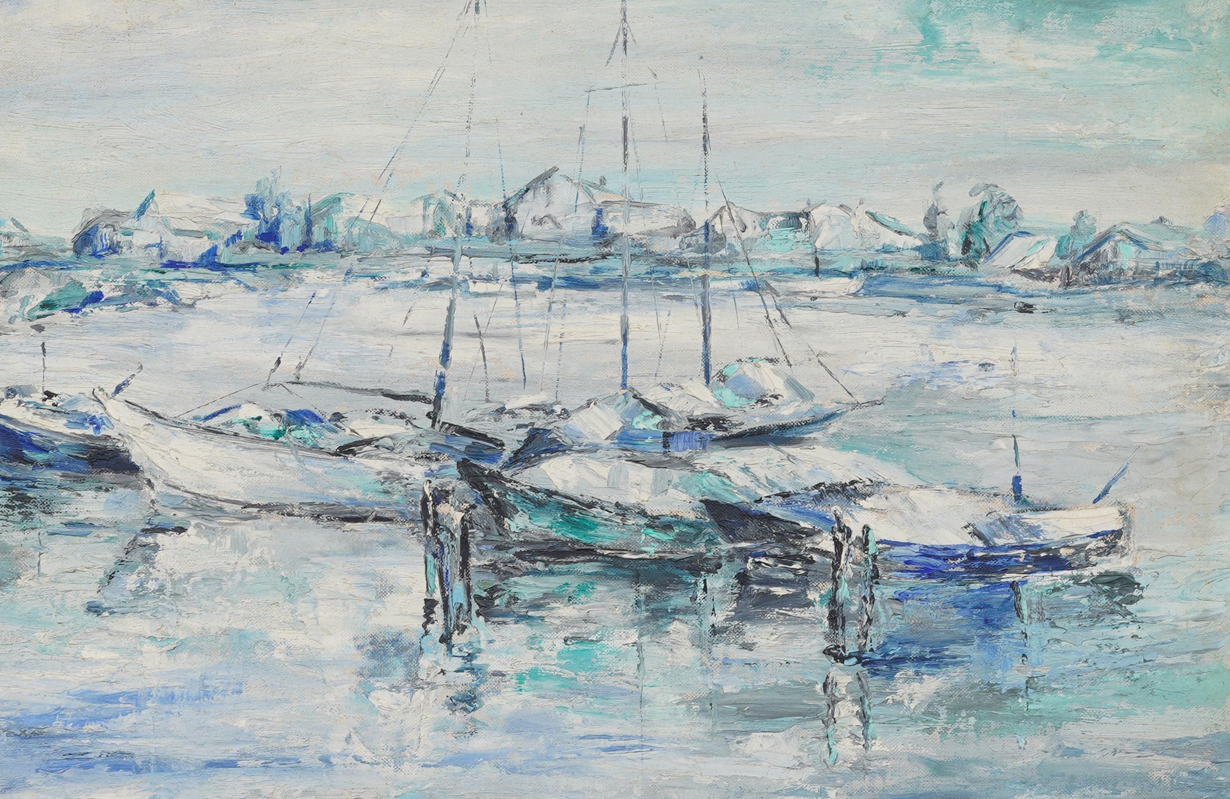 Impresionante óleo de paisaje marino abstracto de principios del modernismo americano.  Enmarcado.  Óleo sobre lienzo.  Firmado.  Tamaño de la imagen, 16H por 20L.