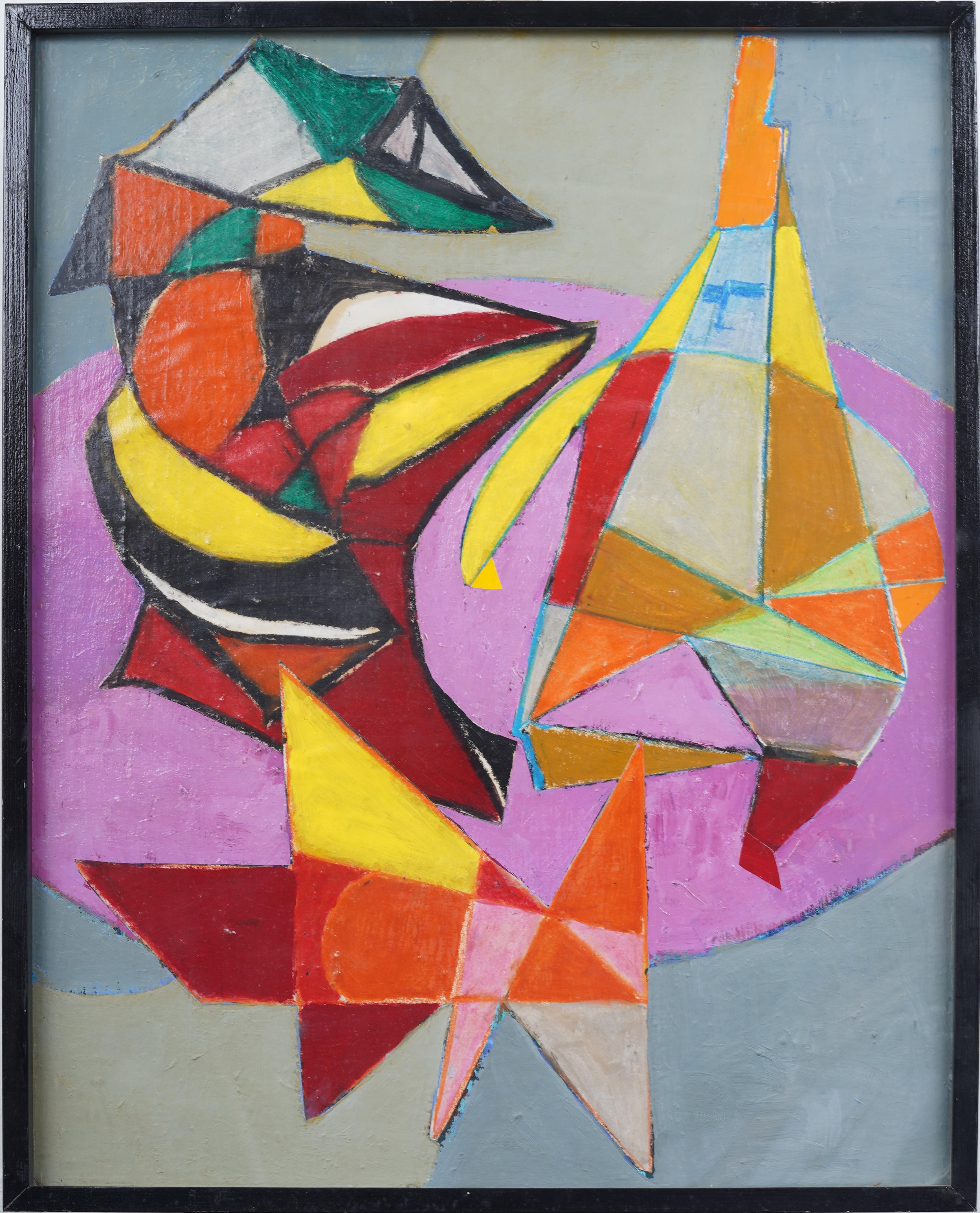 Antique American Modernist Abstract Expressionist Framed Colorful Oil Painting - Gray Abstract Painting by Unknown