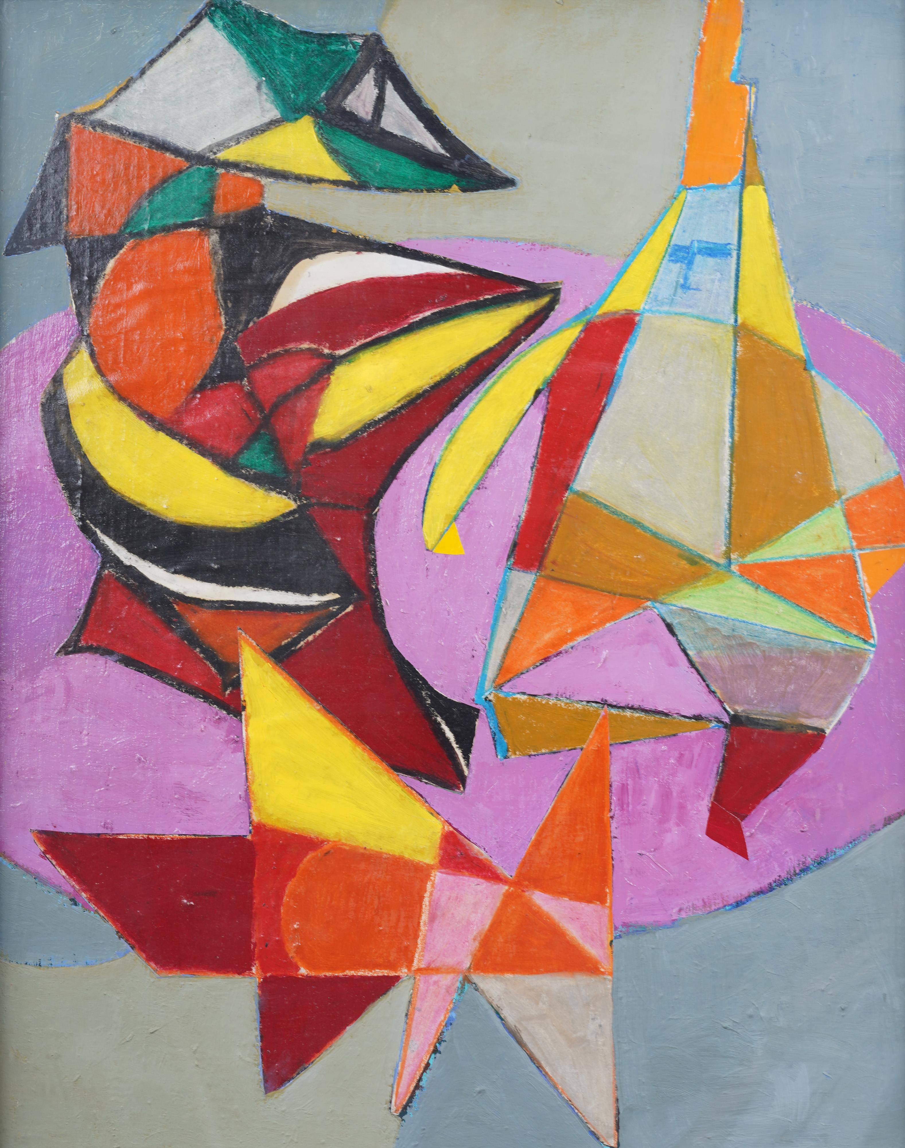 Impressive early American modernist abstract oil painting.  Framed.  Oil on board.   Image size, 36H by 28L.