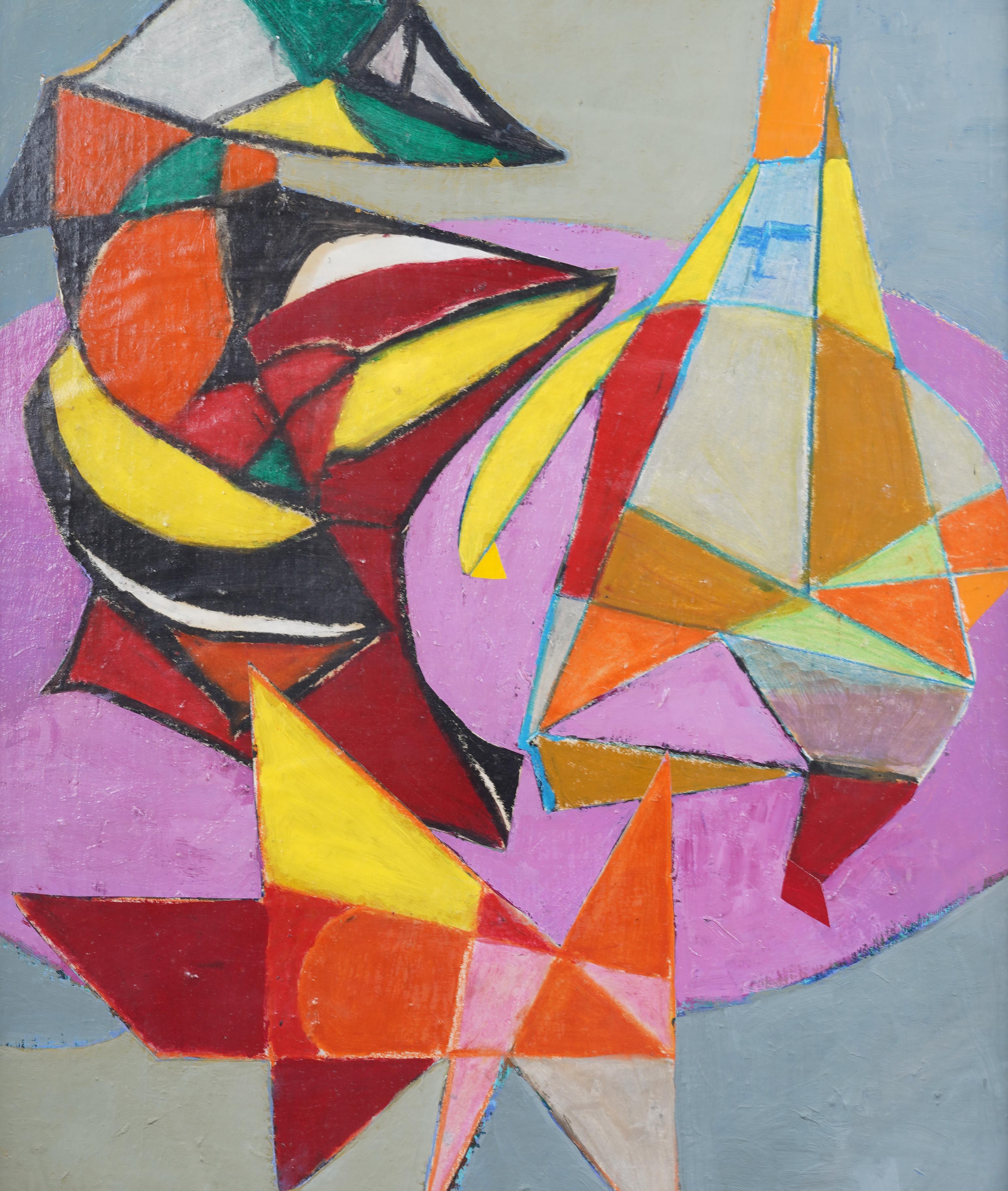 Antique American Modernist Abstract Expressionist Framed Colorful Oil Painting For Sale 1