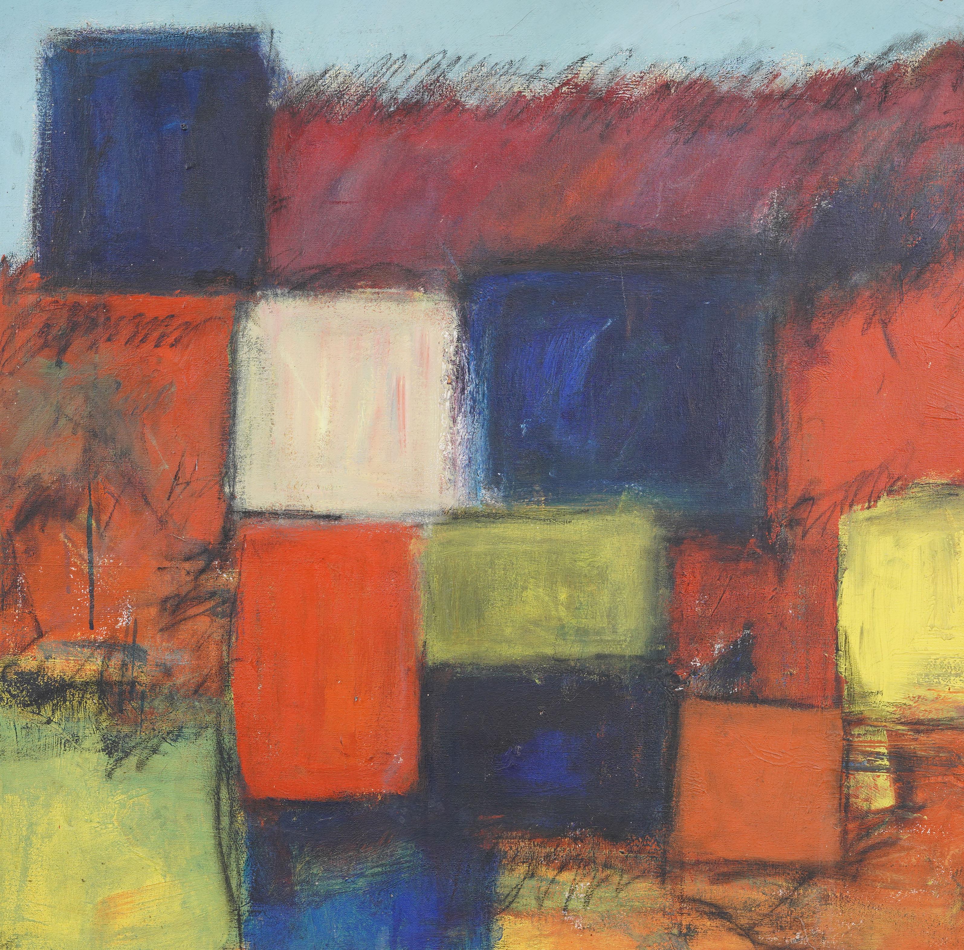 Antiguo óleo abstracto modernista americano. Óleo sobre lienzo. Enmarcado. Mide 37 por 37 pulgadas en total, y 36 por 36 pintando solo.  En excelente estado original. Bellamente enmarcado en un  molduras de madera dorada.  Excelente estado, listo