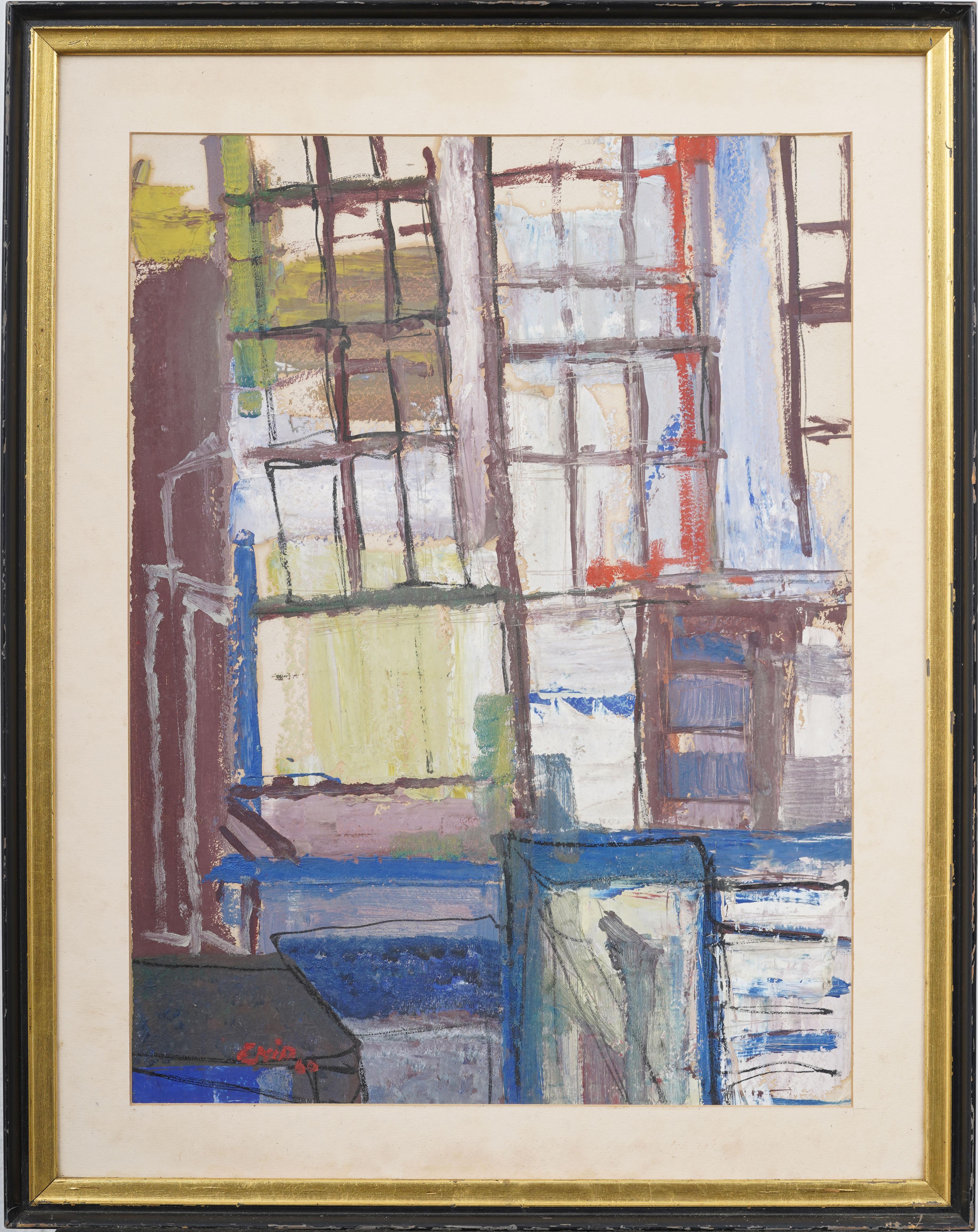 Abstract Painting di Unknown - Antico dipinto ad olio originale modernista americano espressionista astratto incorniciato