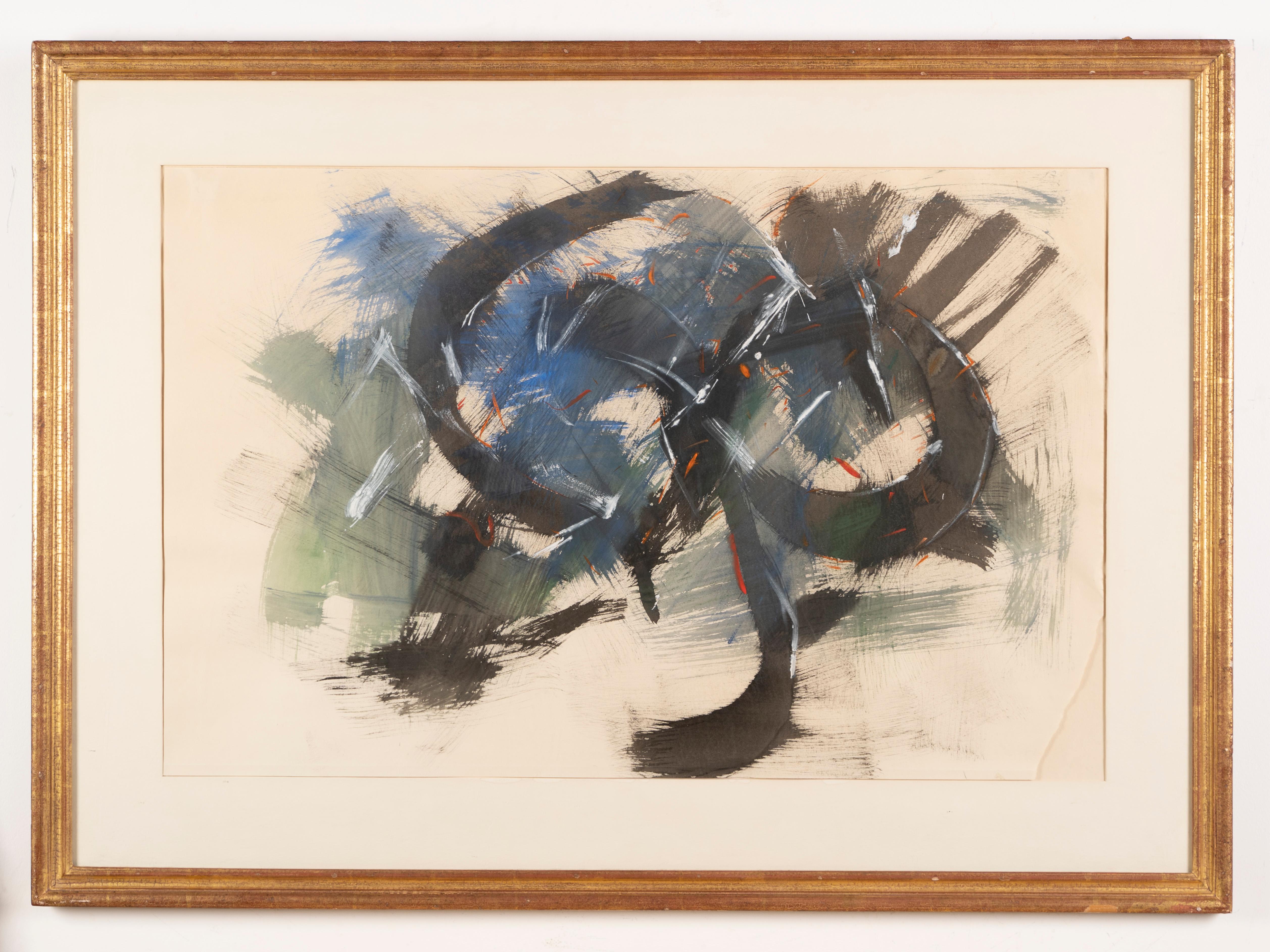 Antique American Modernist Abstract Expressionist Original Framed Large Painting - Beige Landscape Painting by Unknown