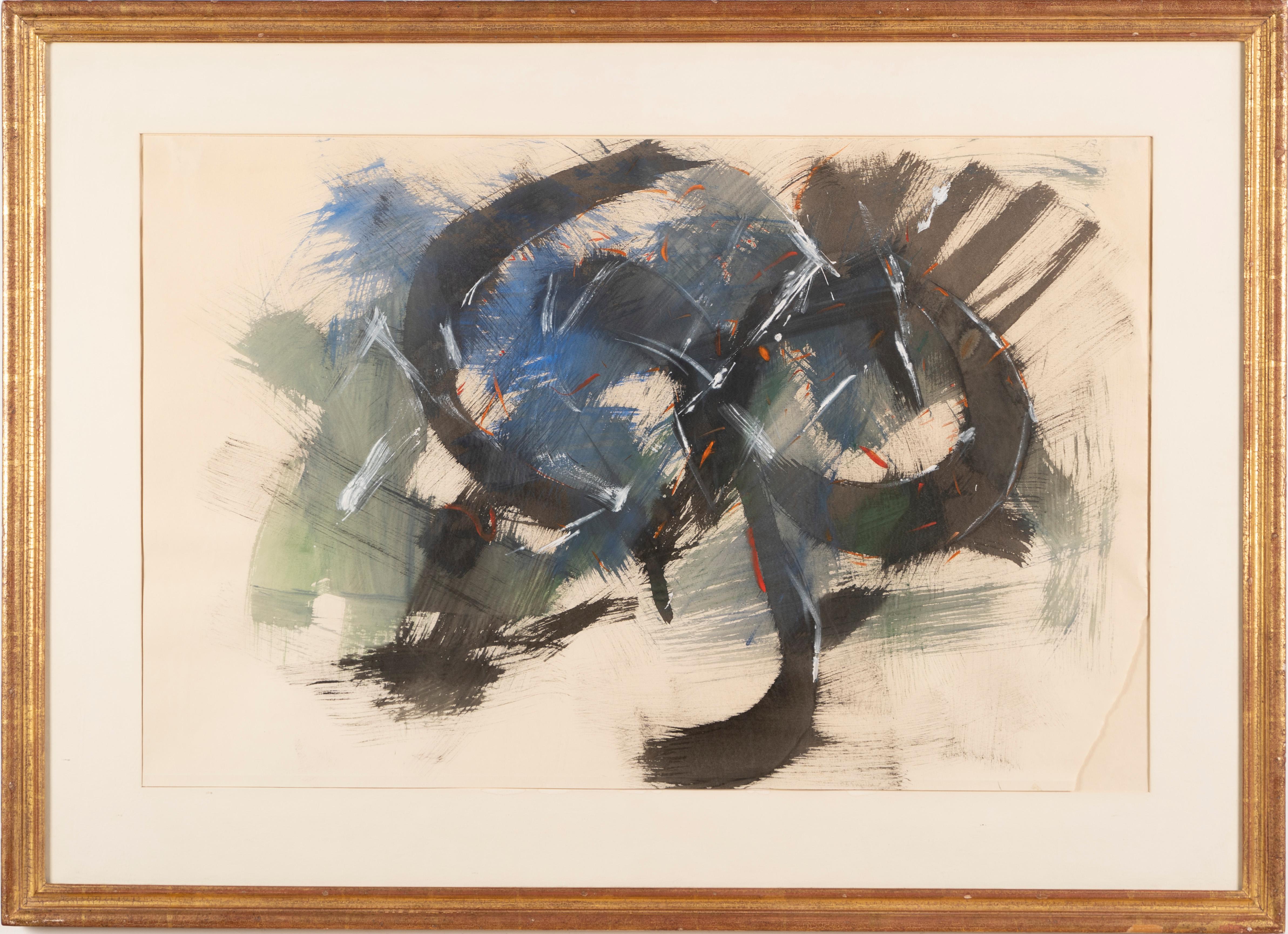 Vintage American modernist abstract painting.  Watercolor and gouache on paper, circa 1960.  Unsigned.  Image size, 35.5L x 23H.  Housed in a period  frame.
