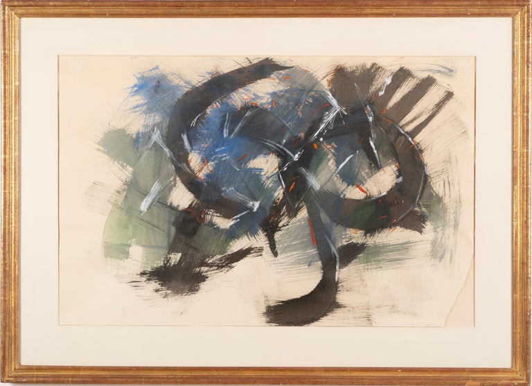 Vintage American modernist abstract painting.  Watercolor and gouache on paper, circa 1960.  Unsigned.  Image size, 35.5L x 23H.  Housed in a period  frame.
