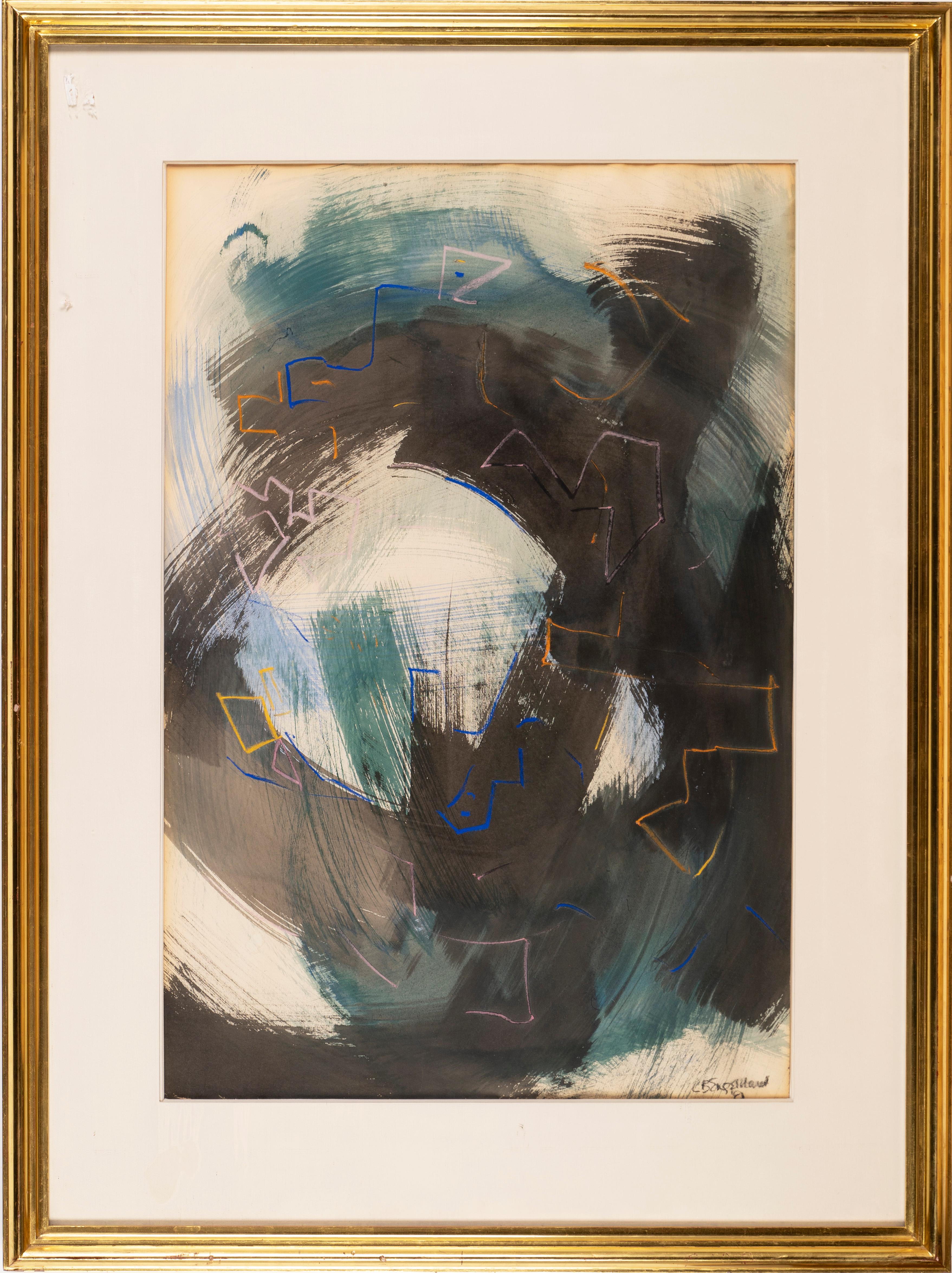 Vintage American modernist abstract painting.  Watercolor and gouache on paper, circa 1950.  Signed.  Image size, 23L x 35H.  Housed in a period giltwood frame.
