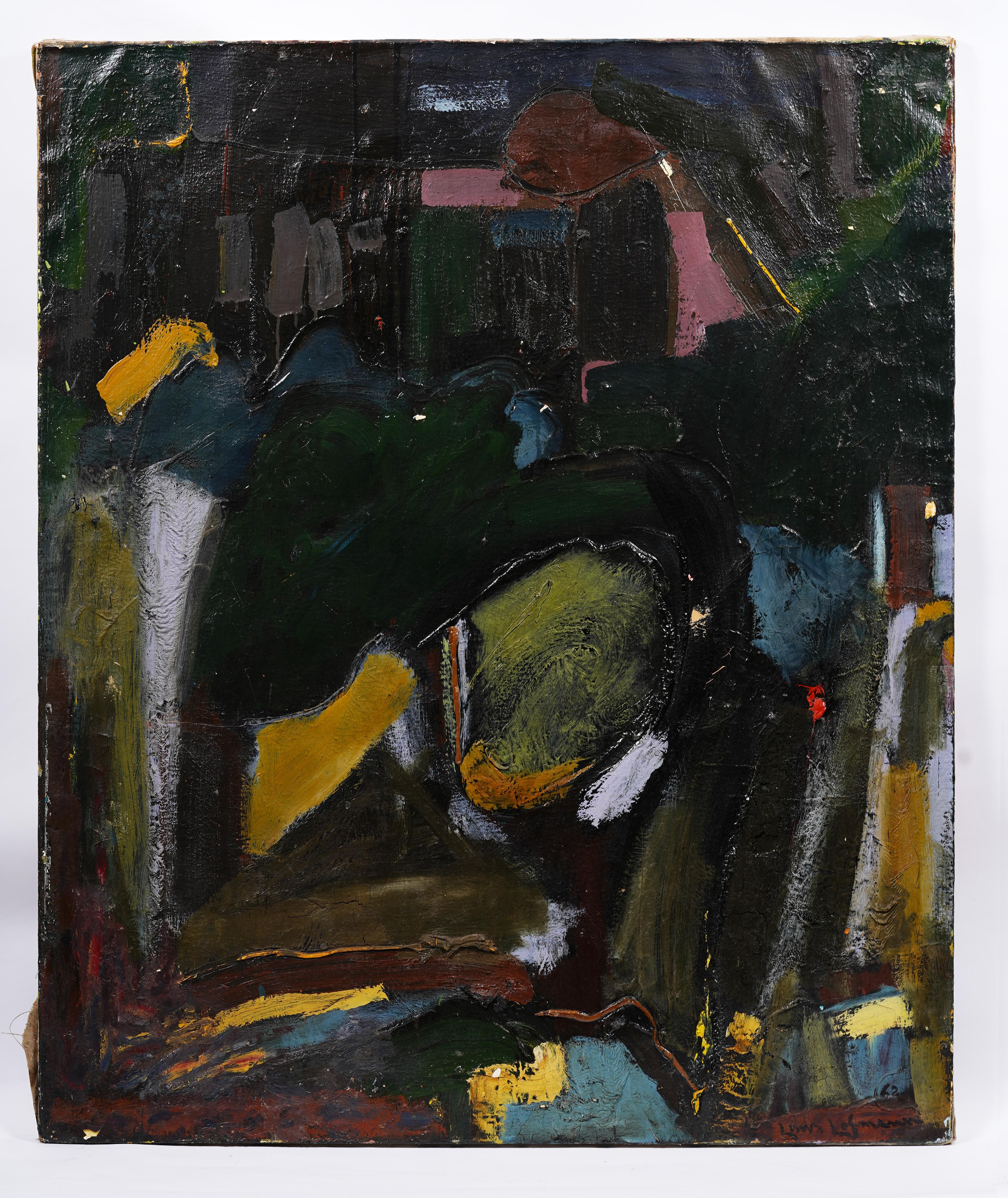 Antique American modernist abstract expressionist oil painting.  Oil on canvas.  Signed lower right and dated 1962.  