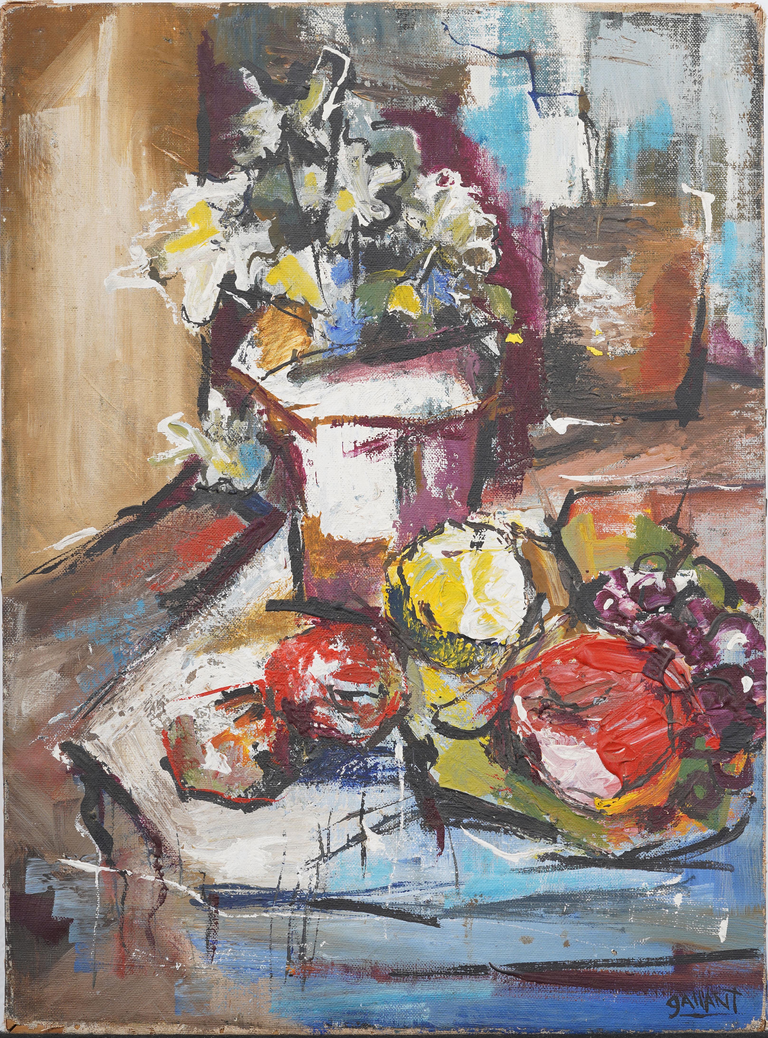 Antique American Modernist Abstract Expressionist Still Life Signed Oil Painting - Gray Abstract Painting by Unknown