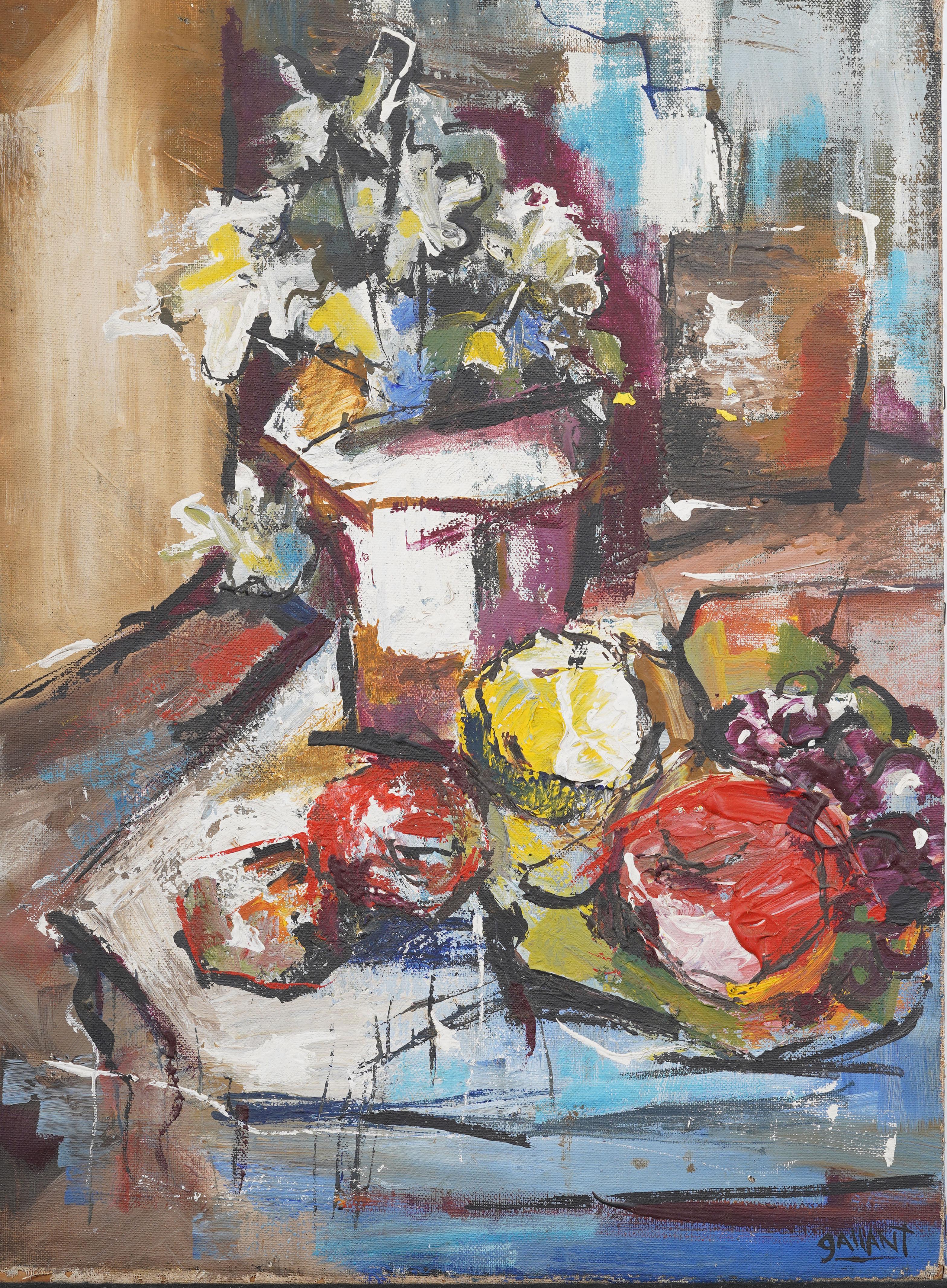 Antique American modernist still life oil painting. Oil on canvas. Signed.  Measuring: 16 by 22 inches overall.  In excellent original condition. Excellent condition, ready to hang and enjoy. 