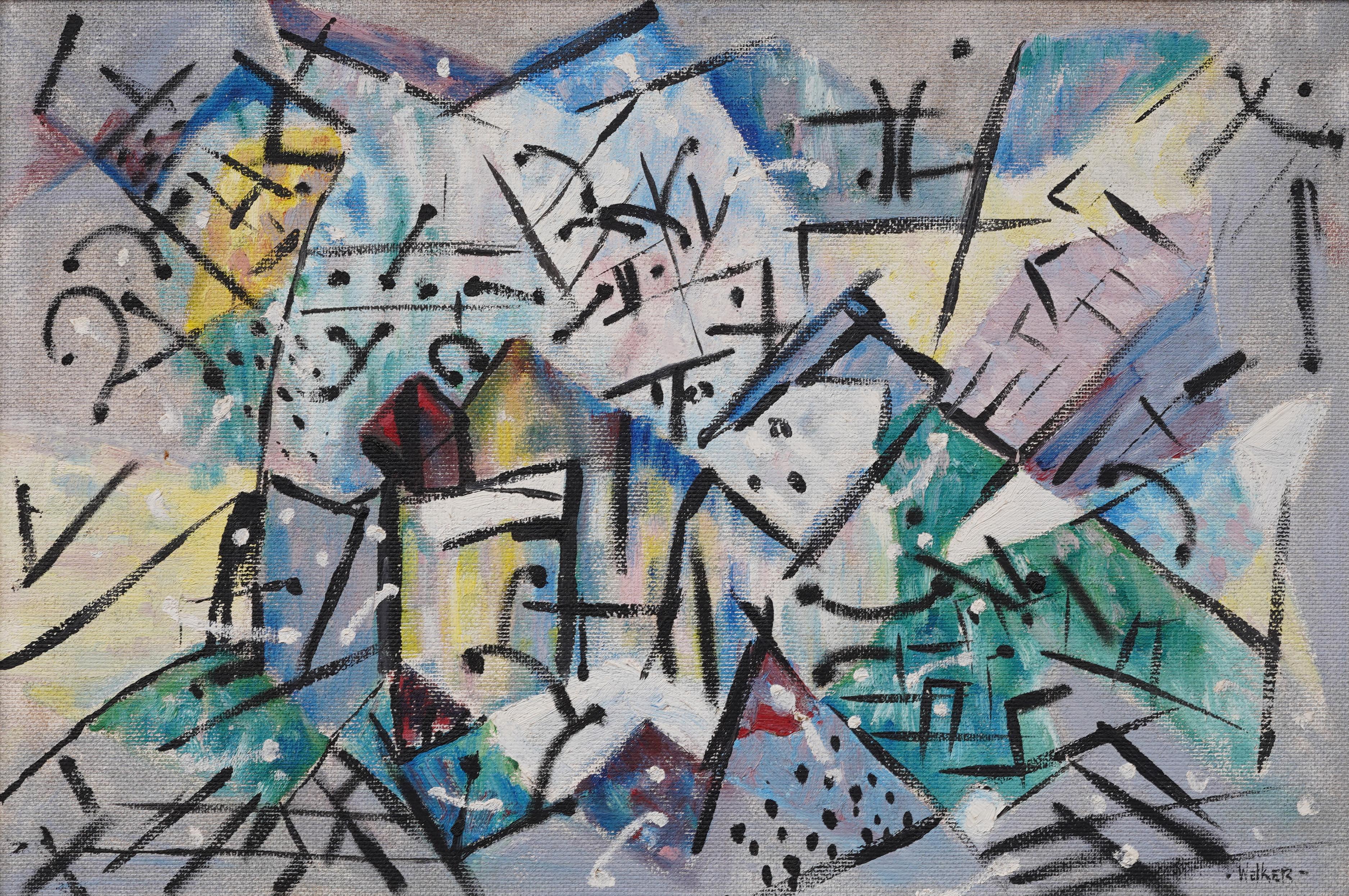Antico dipinto ad olio americano modernista astratto con cornice firmata - Painting Astratto di Unknown