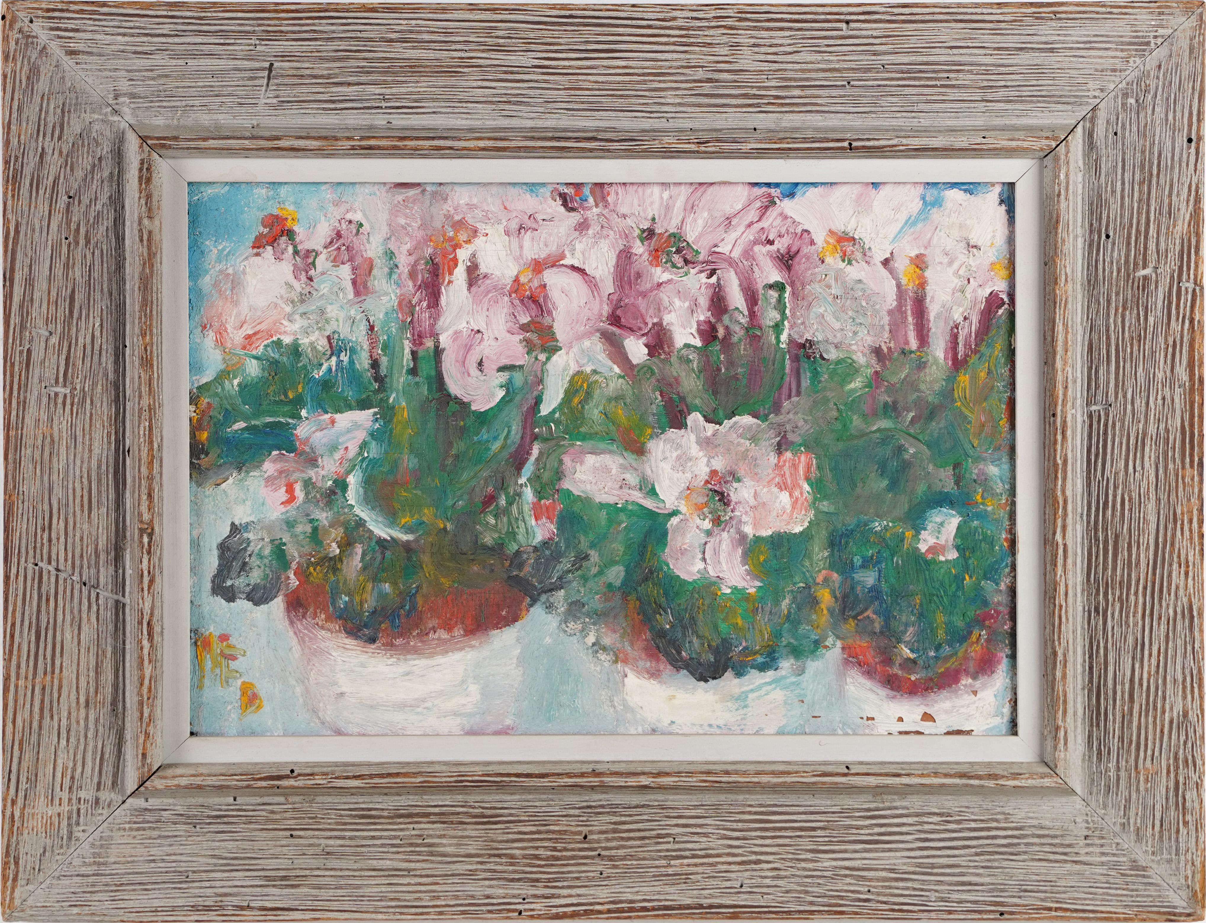 Unknown Still-Life Painting - Antique American Modernist Abstract Flower Still Life Outsider Art Oil Painting
