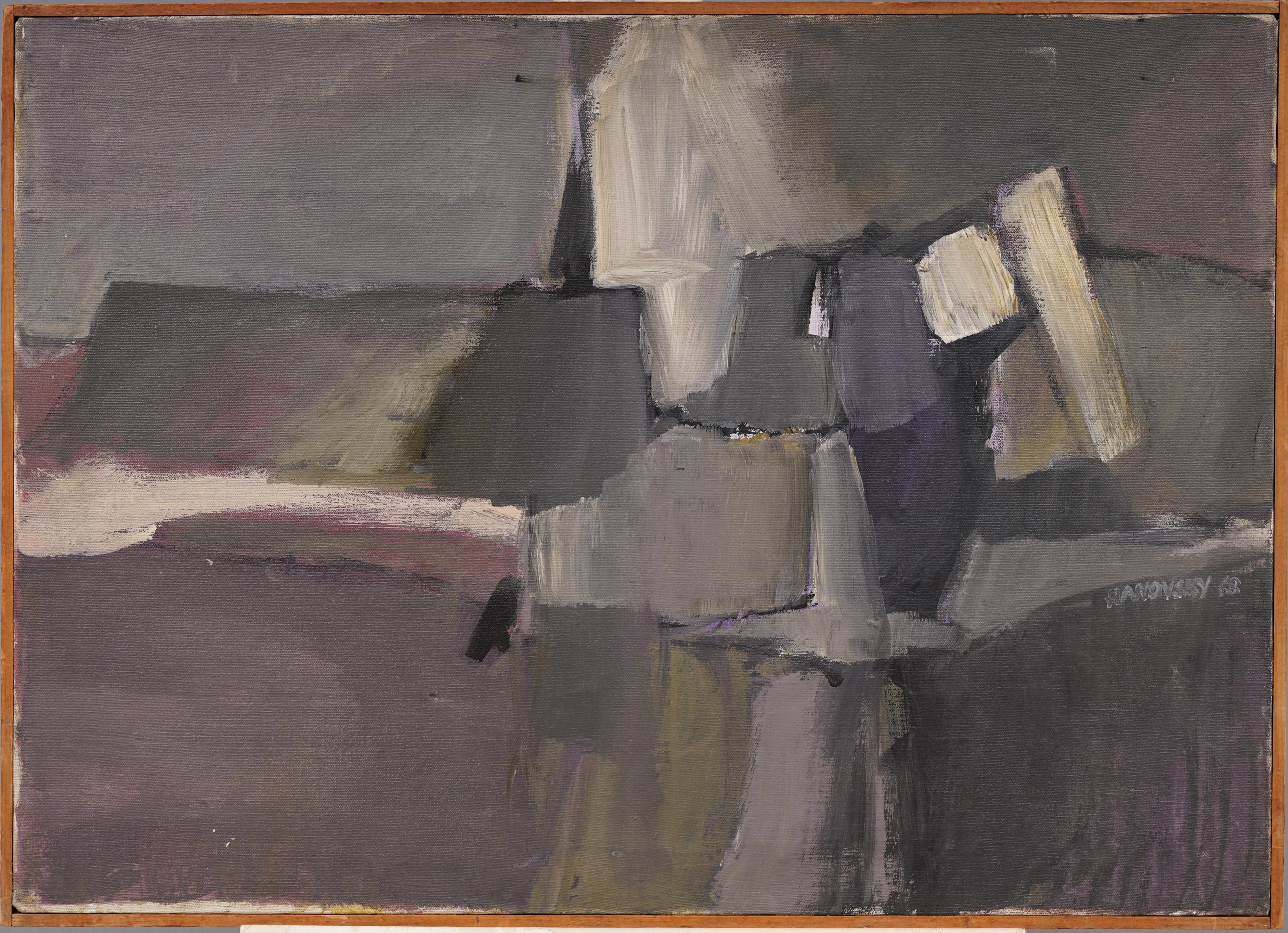 Antico dipinto ad olio astratto modernista americano del Mid Century Modern incorniciato - Painting di Unknown