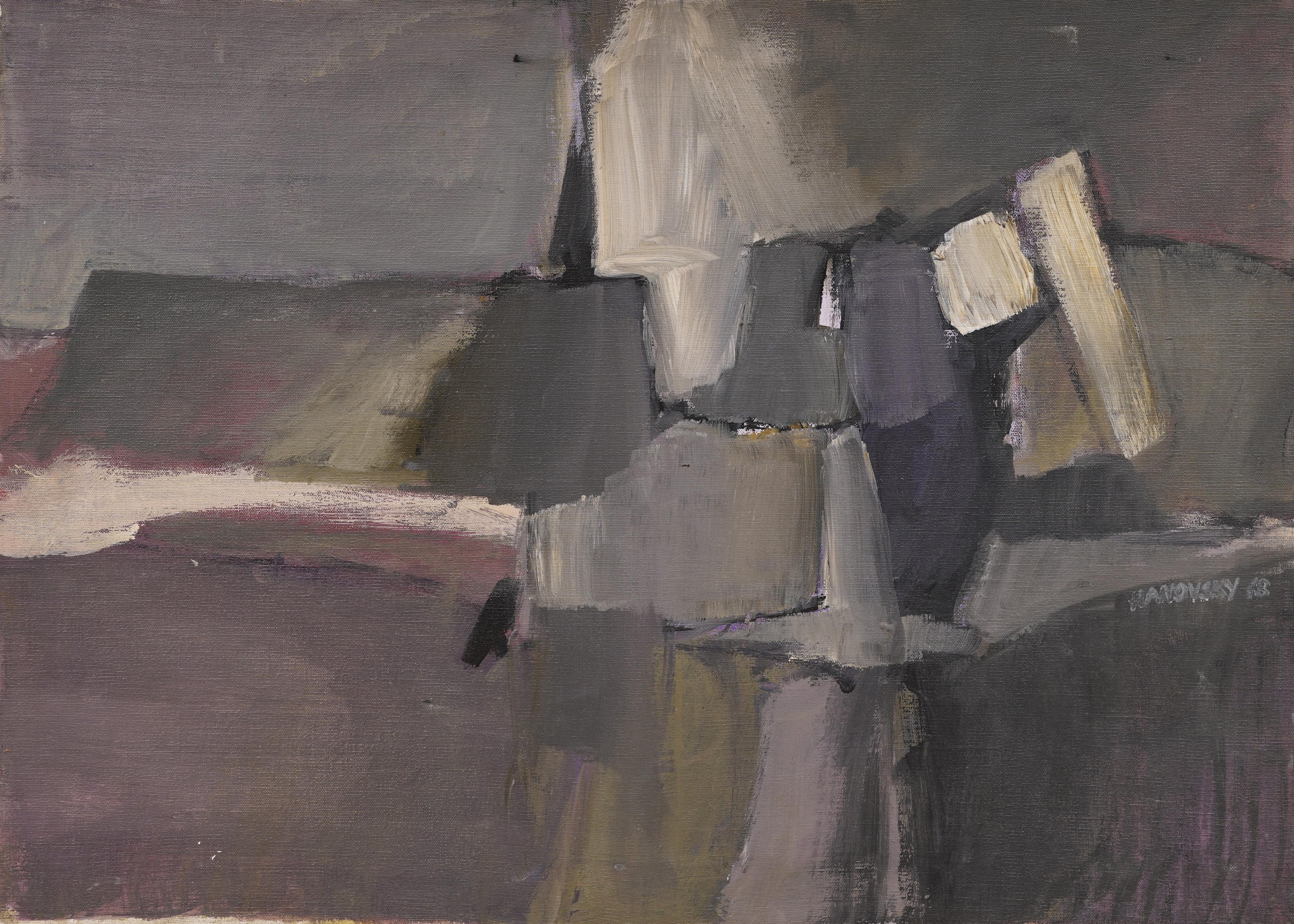 Antico dipinto ad olio astratto modernista americano del Mid Century Modern incorniciato - Painting Astratto di Unknown