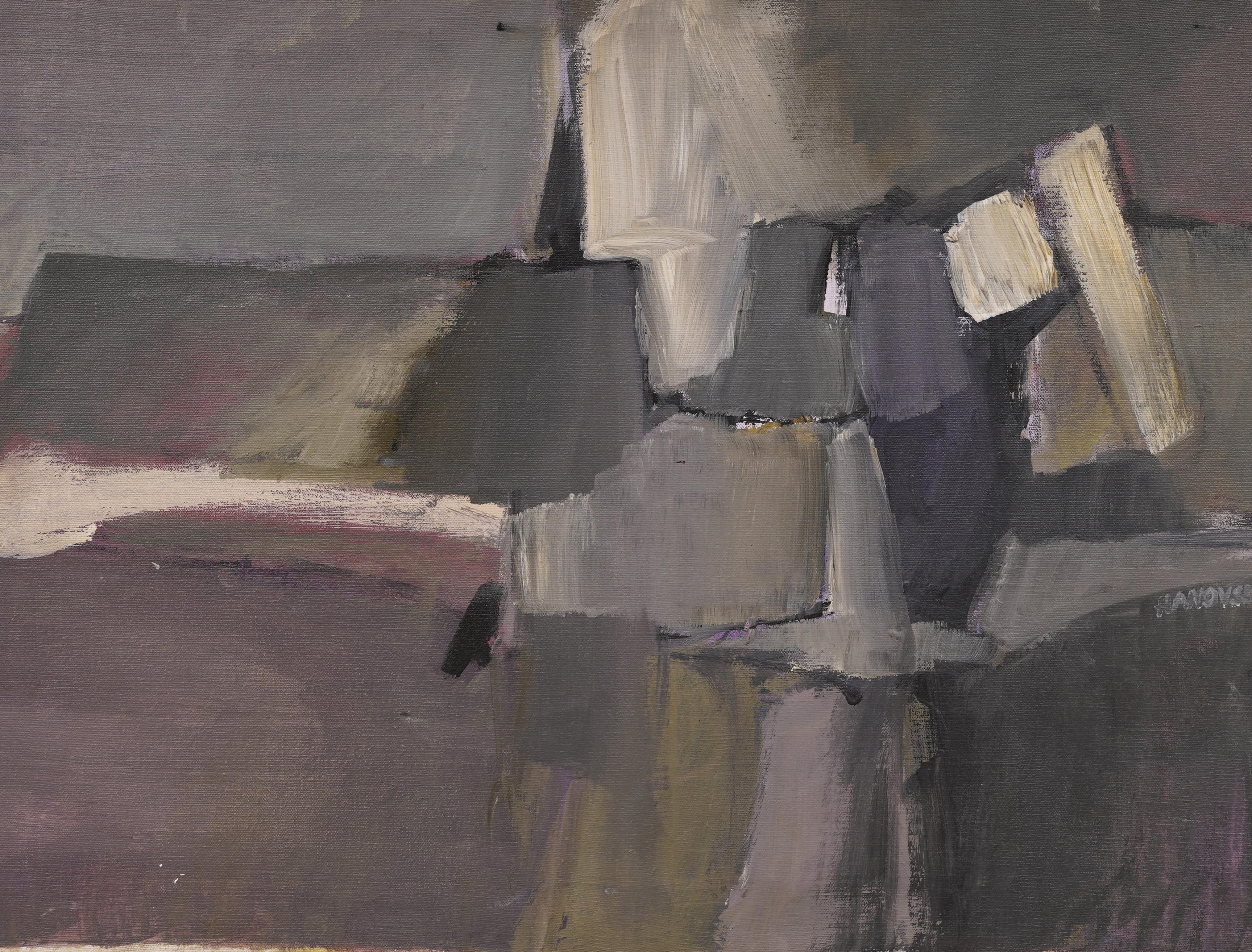 Antico dipinto ad olio astratto modernista americano del Mid Century Modern incorniciato - Landscape Painting Grigio di Unknown