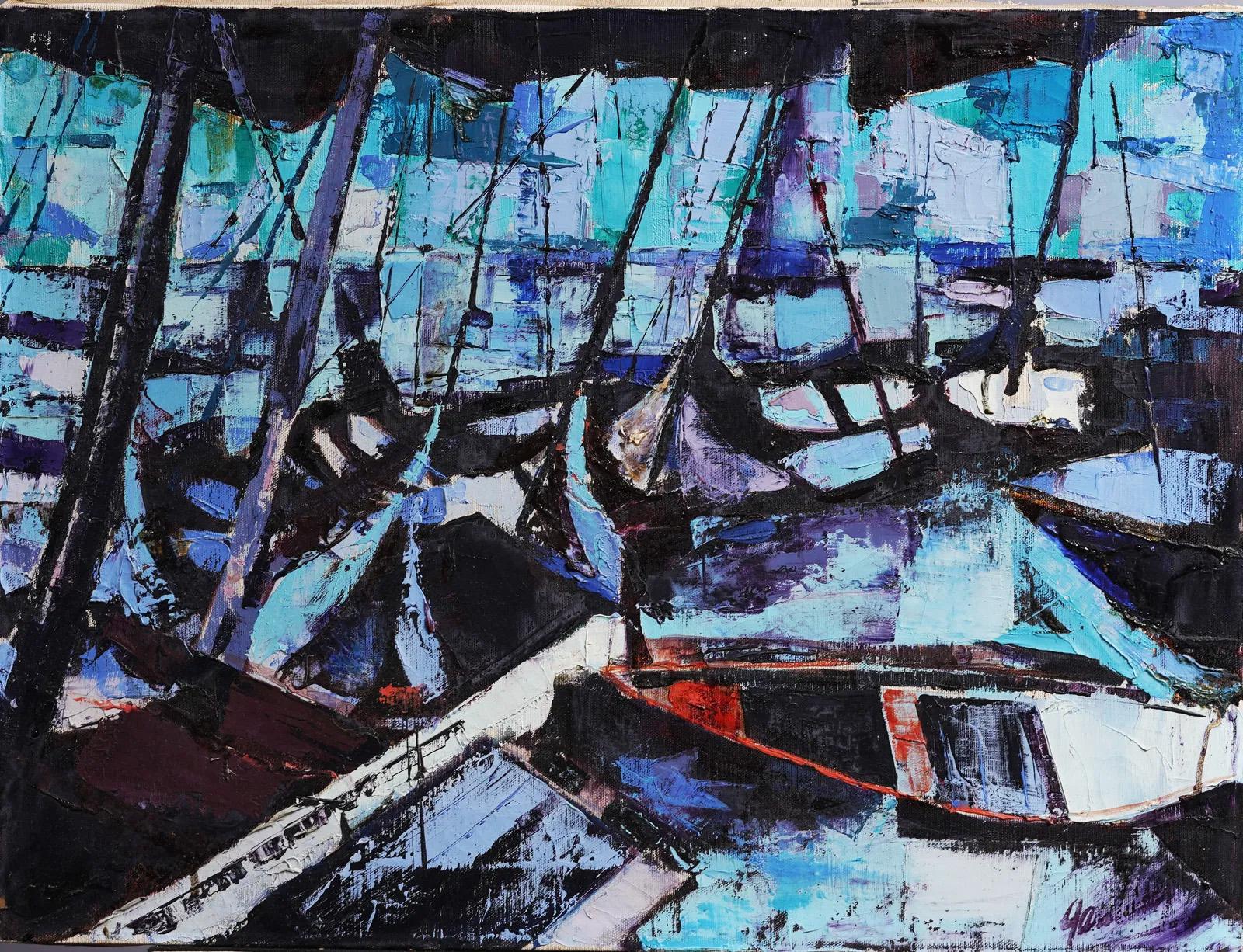 Antico dipinto a olio astratto americano modernista con firma sul paesaggio marino del porto - Painting di Unknown