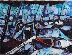 Antique American Modernist Abstract Harbor Seascape Signed Original Oil Painting