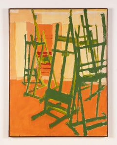 Antique American Modernist Abstract Interior Artist Studio Easel Oil Painting