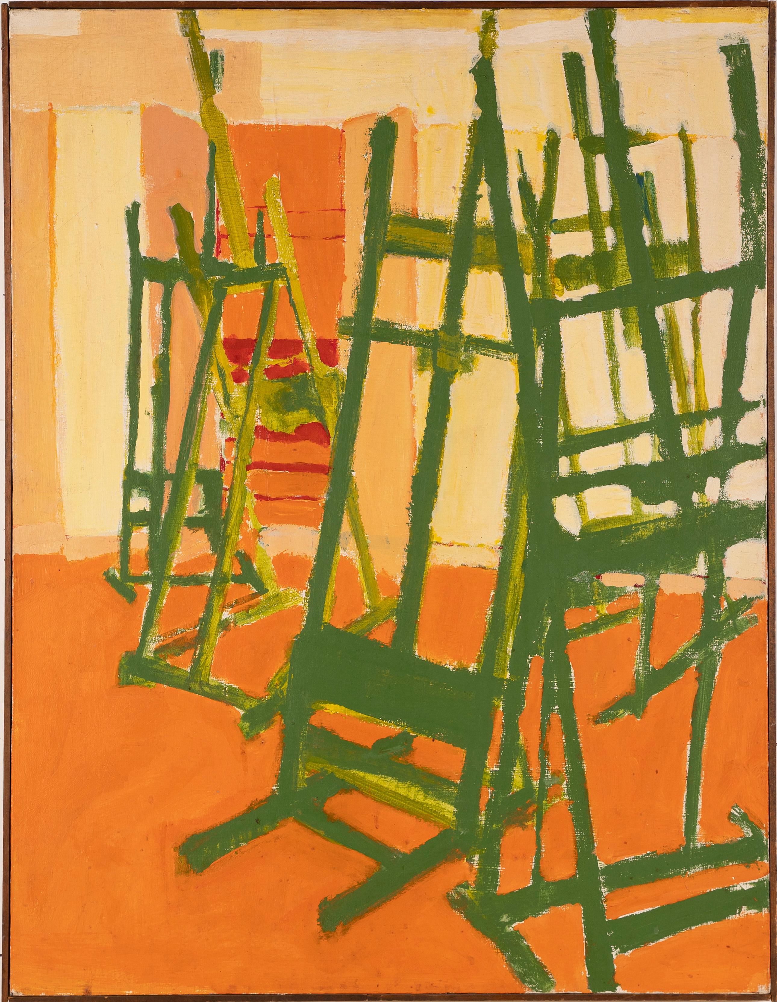 Peinture à l'huile ancienne d'un chevalet d'un atelier d'artiste moderniste américain d'intérieur abstrait - Moderne Painting par Unknown