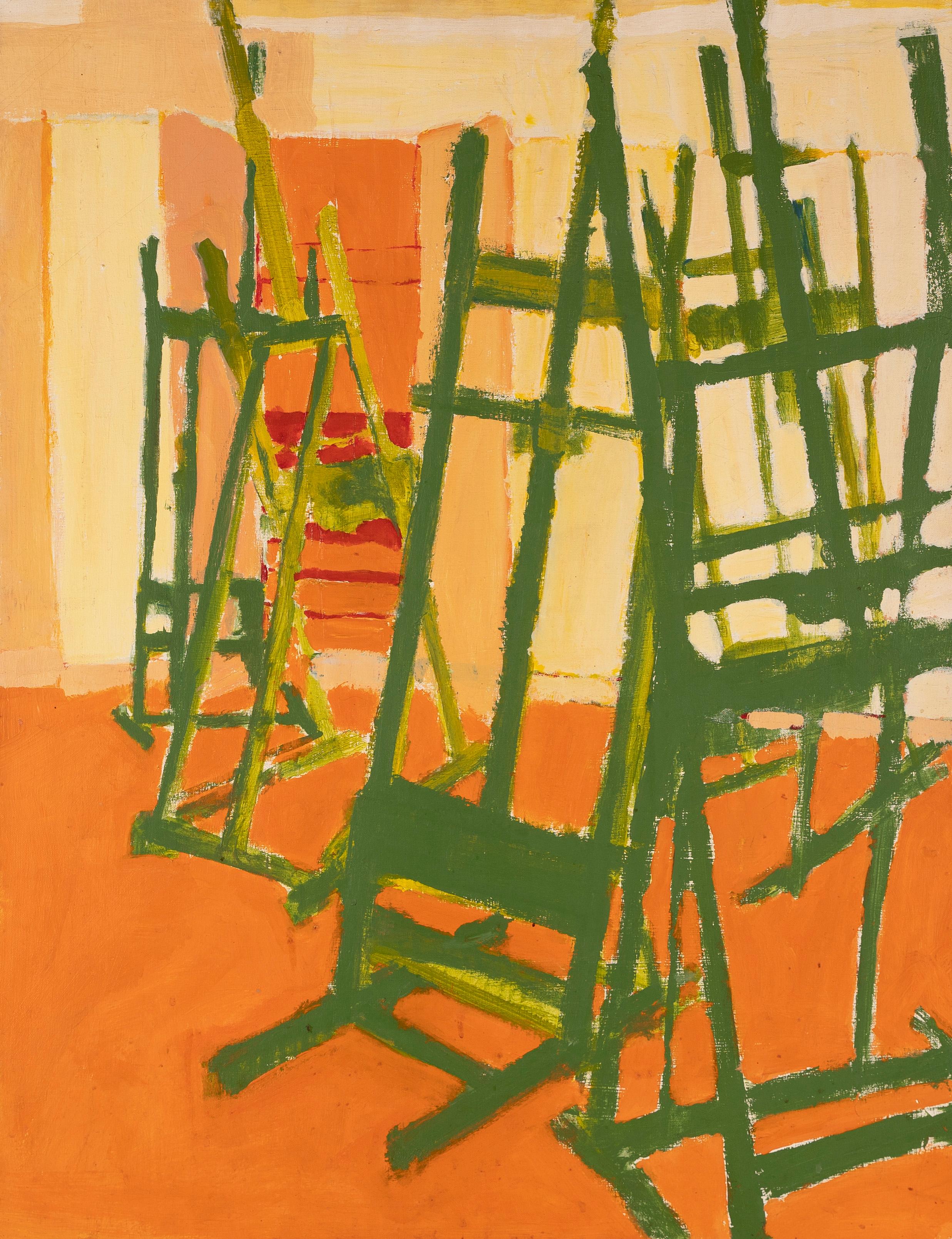 Peinture à l'huile ancienne d'un chevalet d'un atelier d'artiste moderniste américain d'intérieur abstrait - Orange Abstract Painting par Unknown