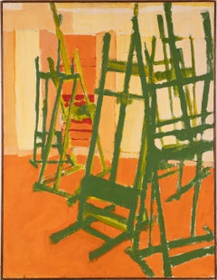 Peinture à l'huile ancienne d'un chevalet d'un atelier d'artiste moderniste américain d'intérieur abstrait
