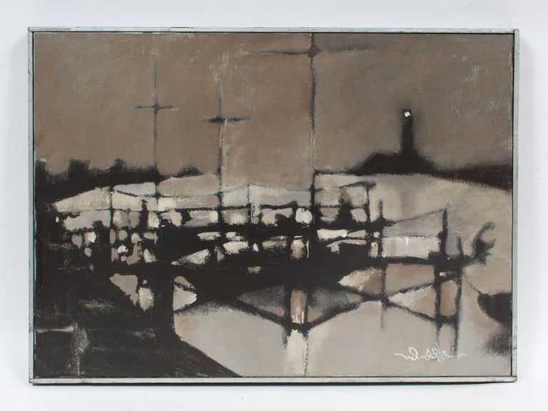Antique American Modernist Abstract Mid Century Cityscape Oil Painting Signed - Gray Abstract Painting by Unknown