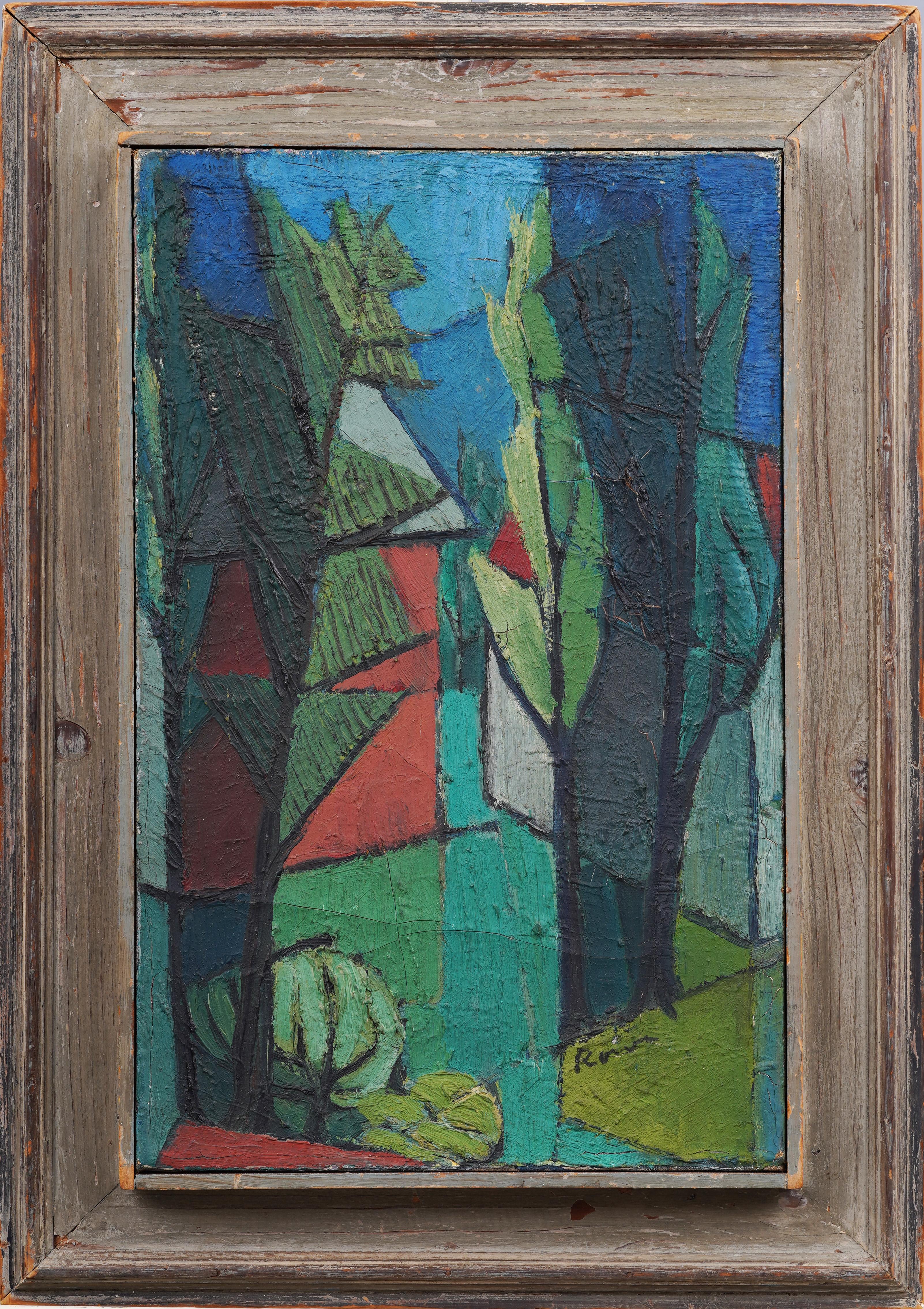 Nicely painted mid century abstract cubist landscape oil painting.  Great color and composition.  Framed.  Signed.