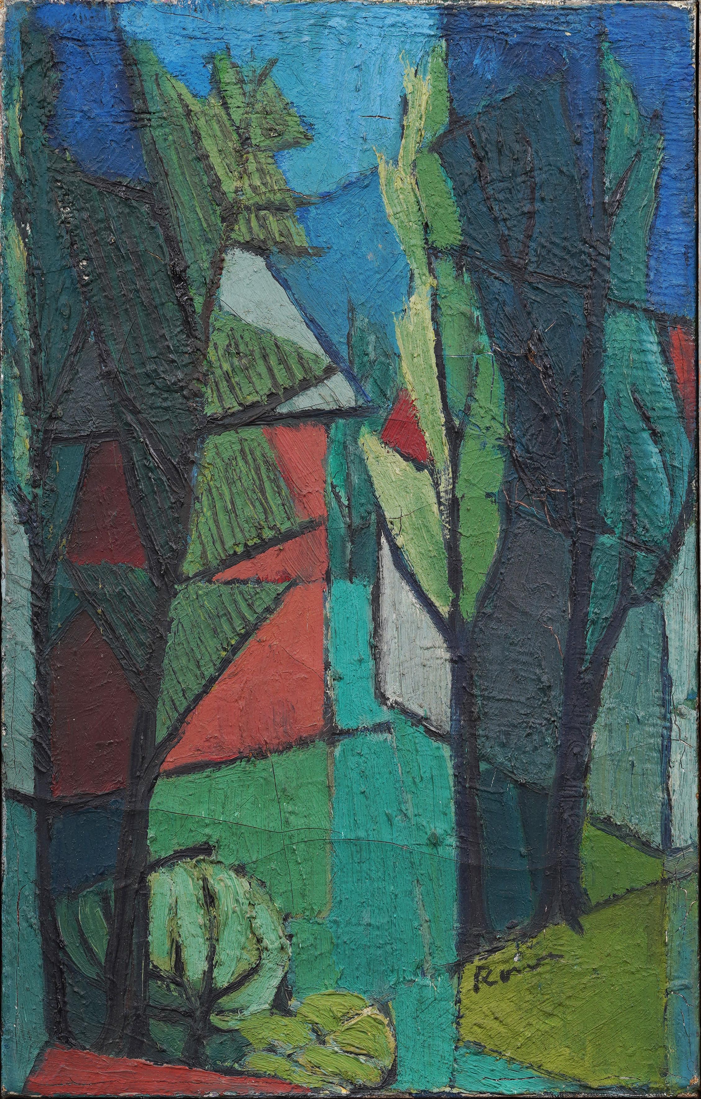 Antico dipinto ad olio astratto modernista americano del New England con cornice - Painting Cubismo di Unknown