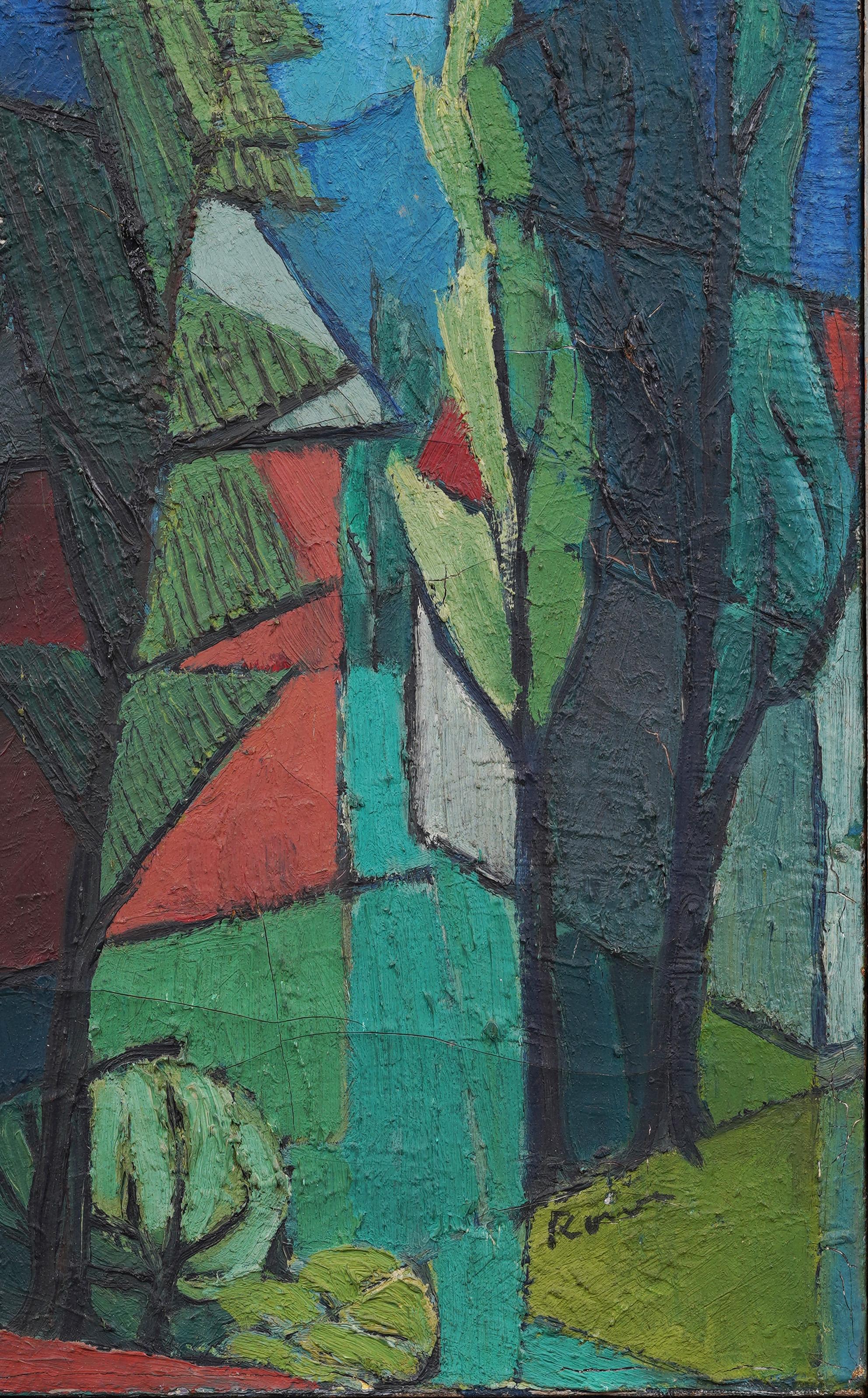 Quadro ad olio di paesaggio cubista astratto della metà del secolo, ben dipinto.  Ottimo colore e composizione.  Incorniciato.  Firmato.