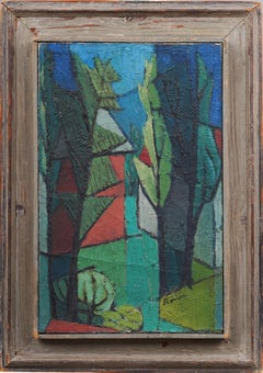 Antique American Modernist Abstract New England Landscape Framed Oil Painting