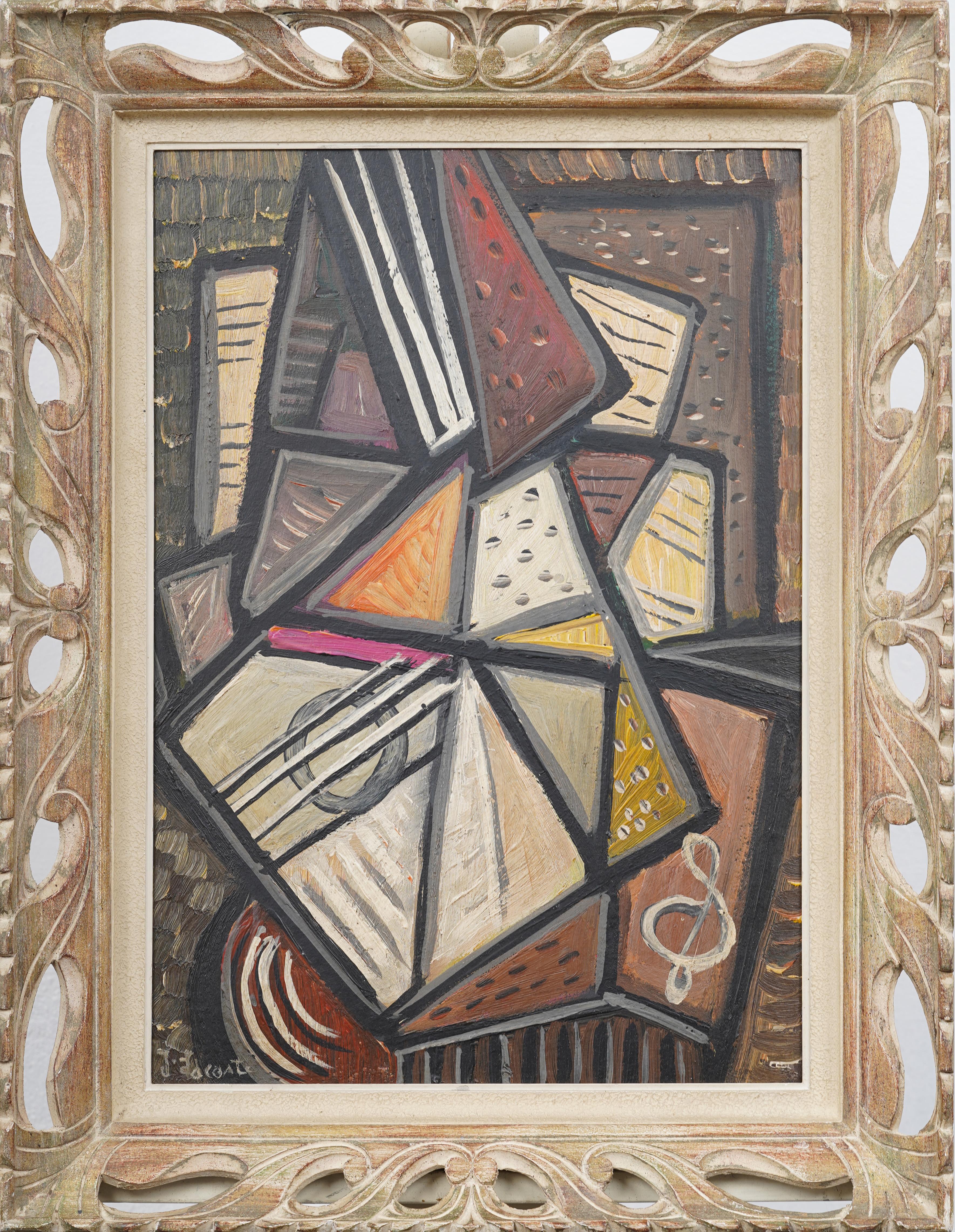 Antiguo cuadro al óleo cubista abstracto modernista americano firmado y enmarcado - Painting de Unknown