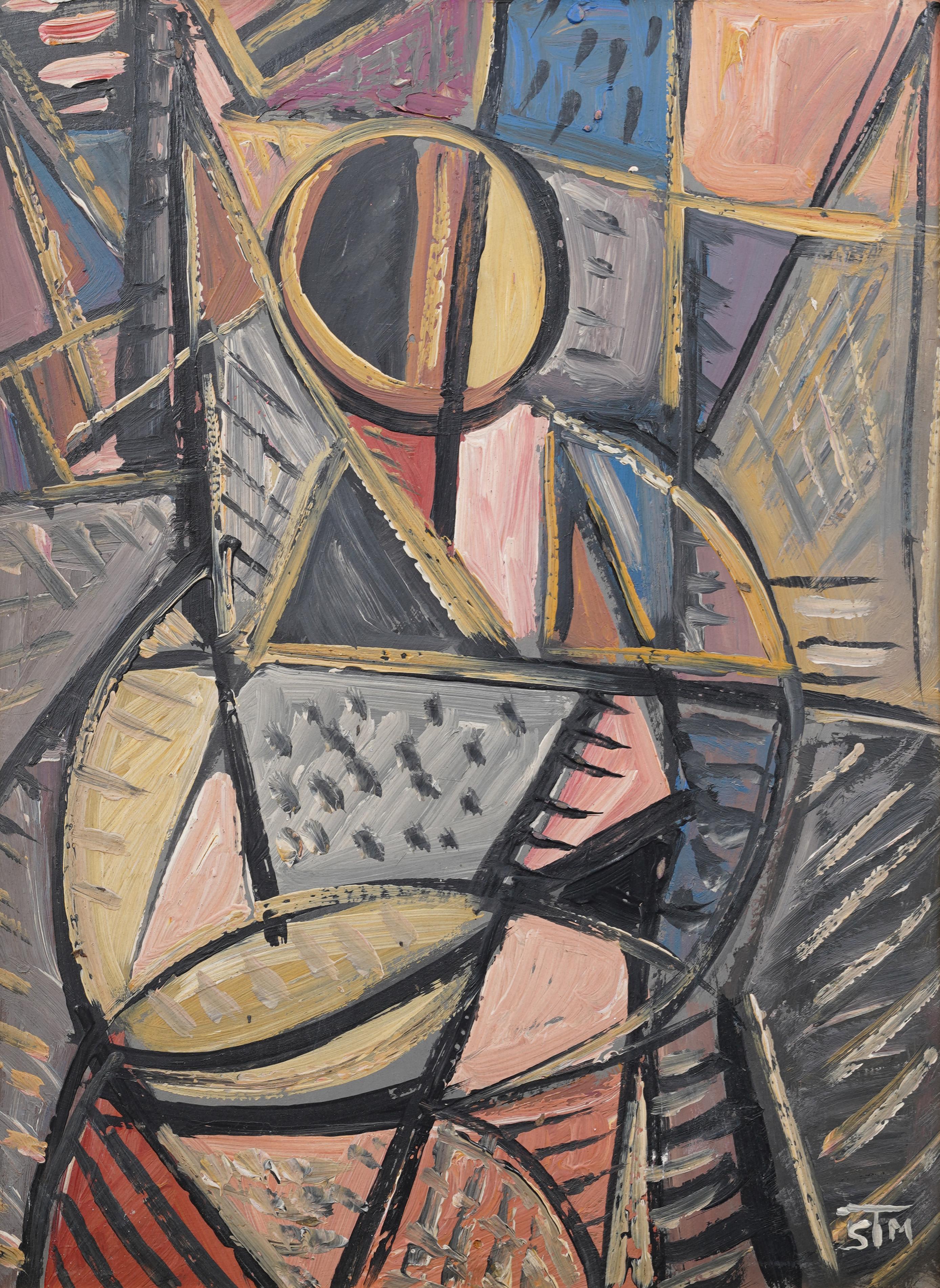 Ancienne peinture à l'huile moderniste américaine abstraite cubiste signée et encadrée - Cubisme Painting par Unknown