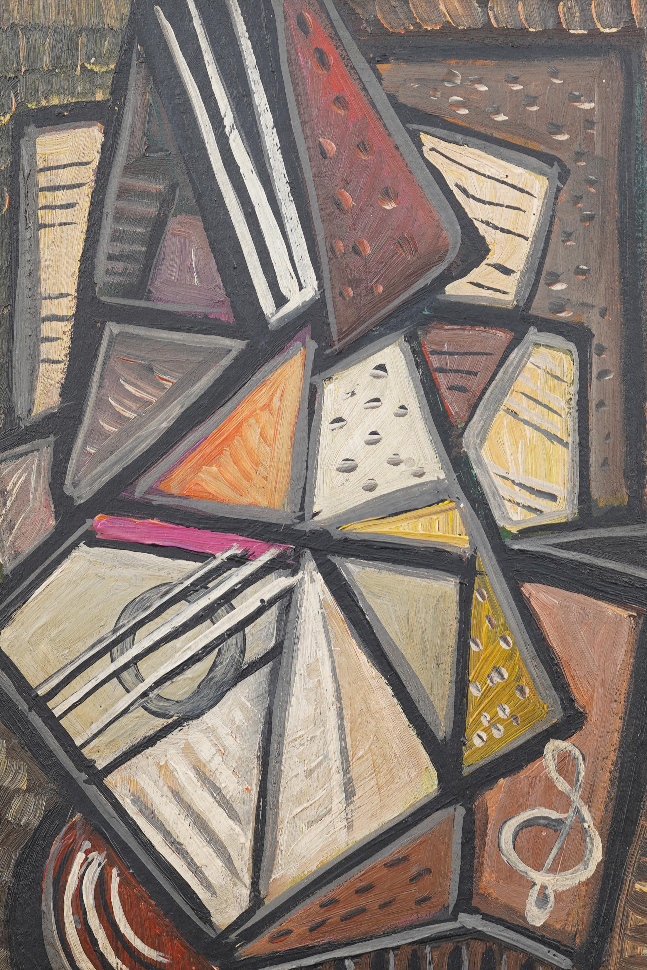 Antiguo cuadro al óleo cubista abstracto modernista americano firmado y enmarcado - Abstract Painting Marrón de Unknown