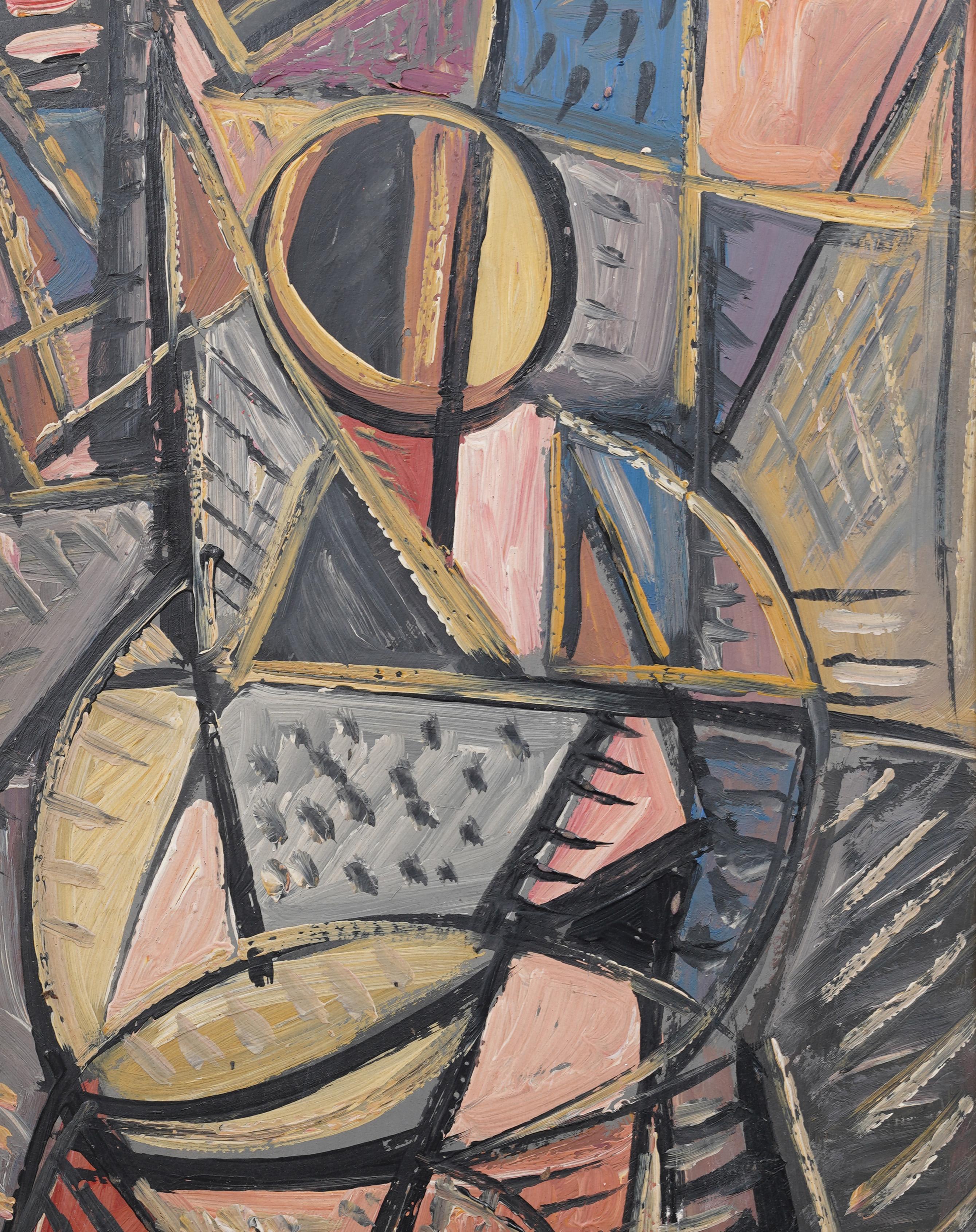 Ancienne peinture à l'huile moderniste américaine abstraite cubiste signée et encadrée - Gris Portrait Painting par Unknown