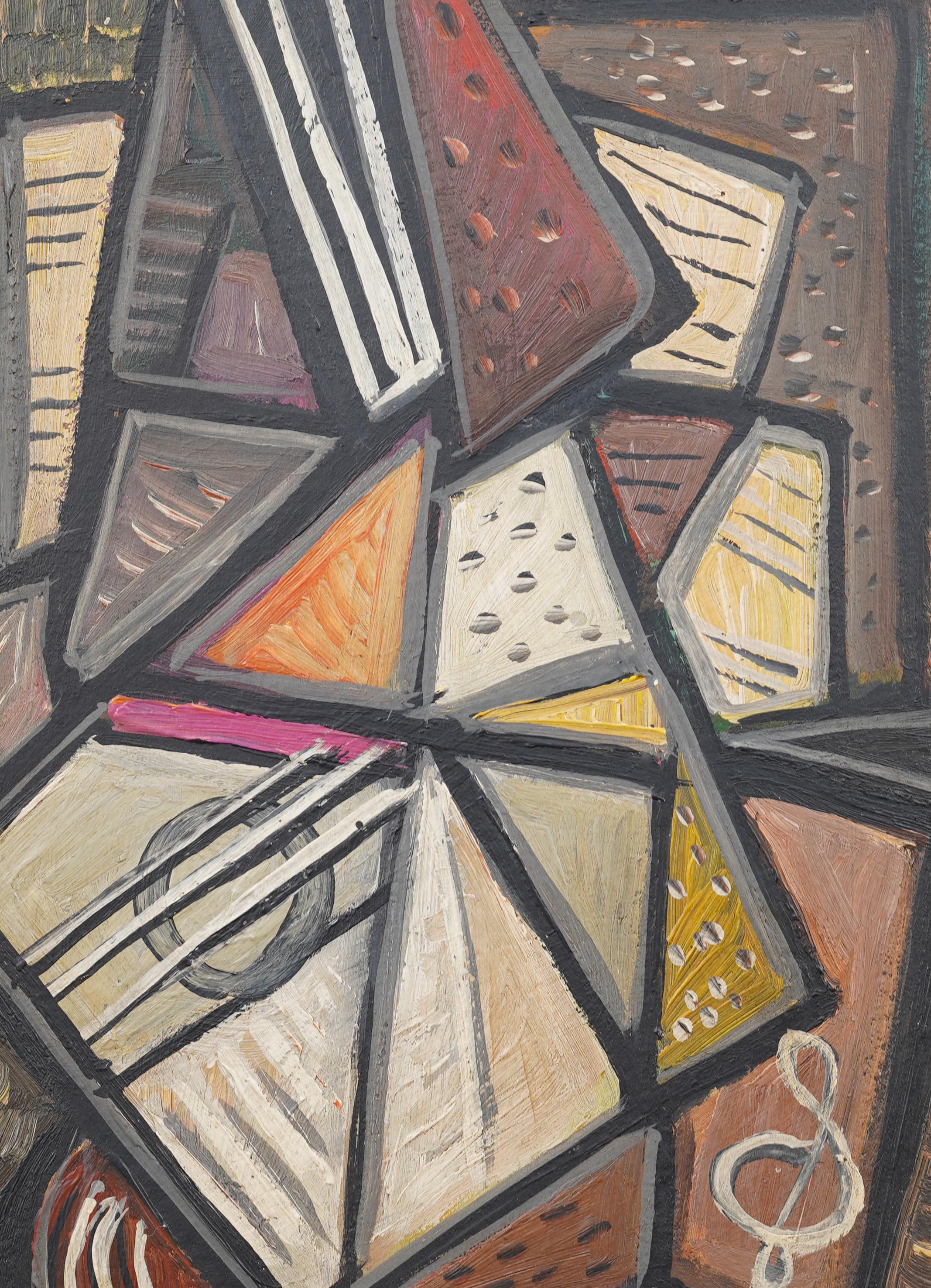 Antiguo óleo cubista abstracto modernista americano. Óleo sobre tabla. Firmado. Enmarcado. Medidas: 28 por 18 pulgadas en total.   En excelente estado original. Bellamente enmarcado en un  molduras de madera modernas.  Excelente estado, listo para